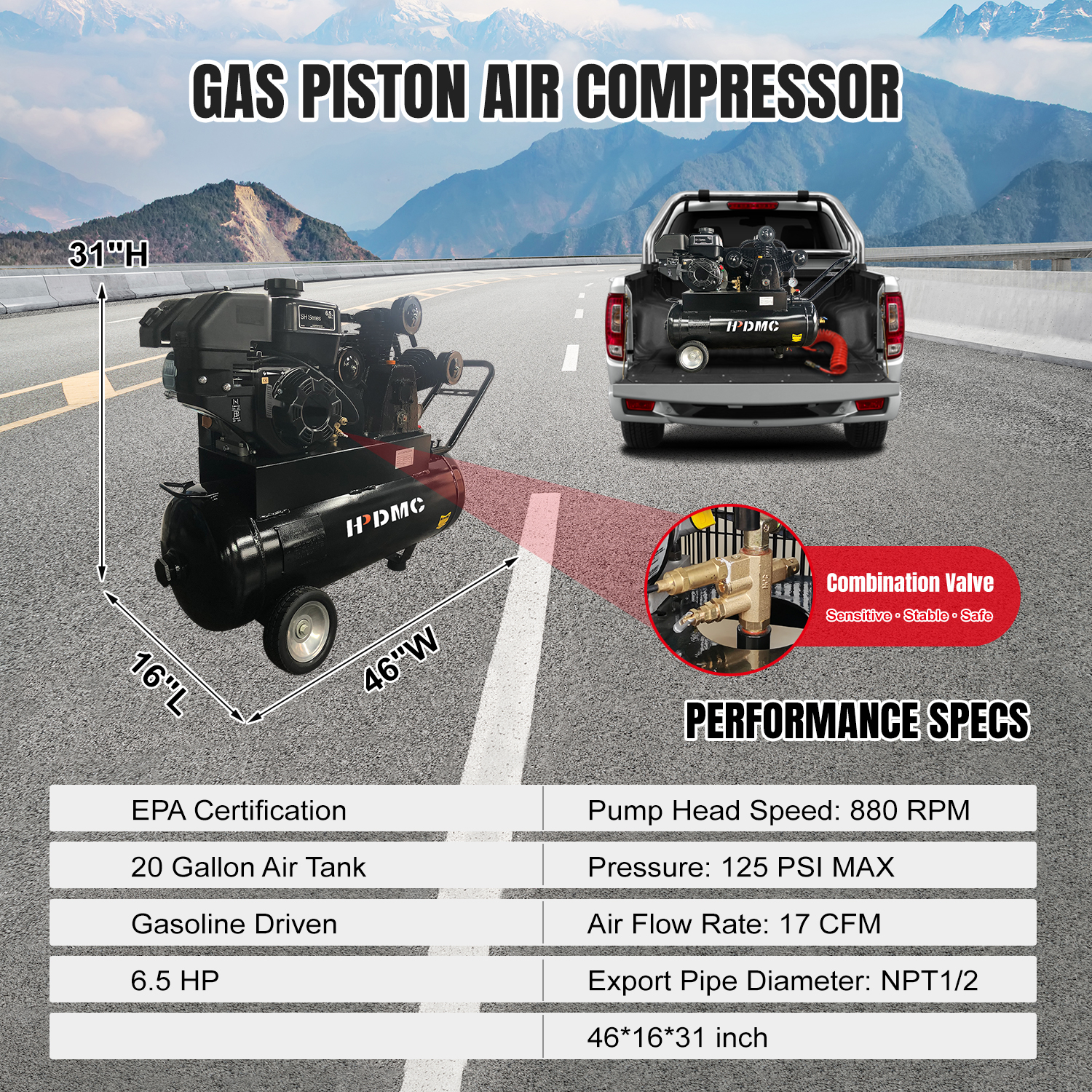 Portable 6.5HP Gas Powered Air Compressor with Engine Guide