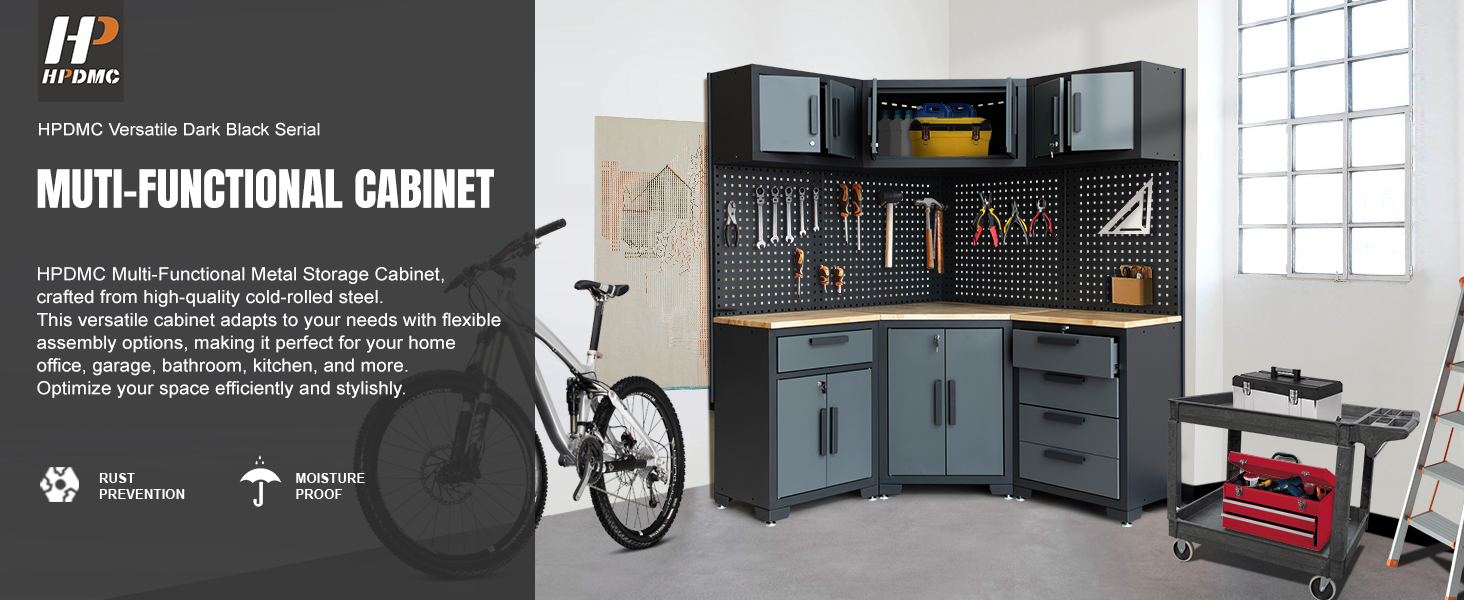 Our welded steel cabinet sets are perfect for permanent storage. Choose from 3-piece, 5-piece, or 7-piece configurations — all designed to fit U.S. garage corners and straight walls.