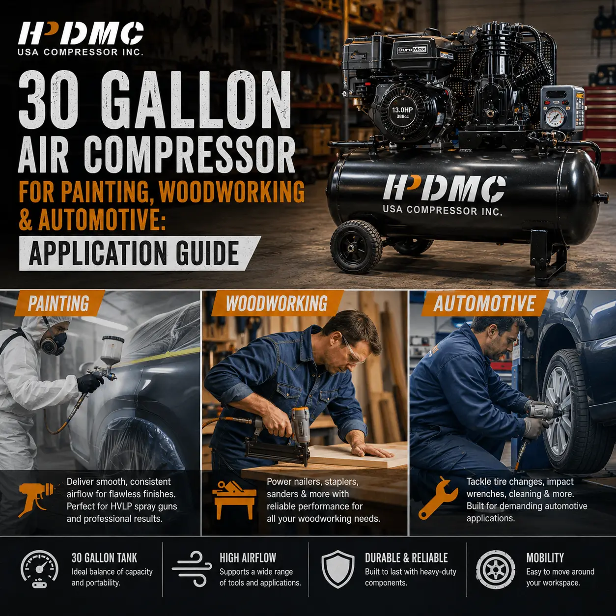 30 Gallon Air Compressor for Painting, Woodworking & Automotive:
Application Guide
