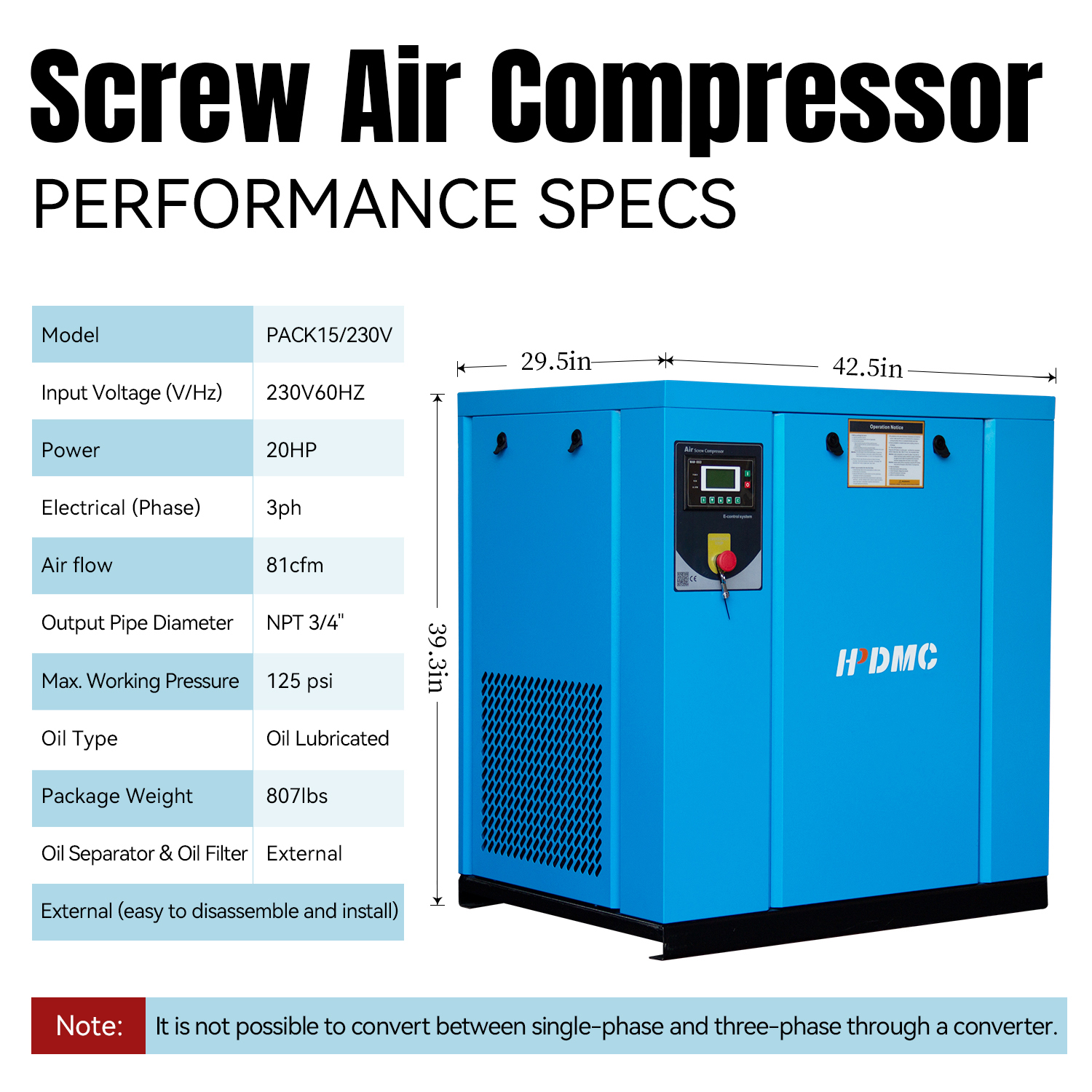 Key Features of HPDMC's 20HP Rotary Screw Air Compressor