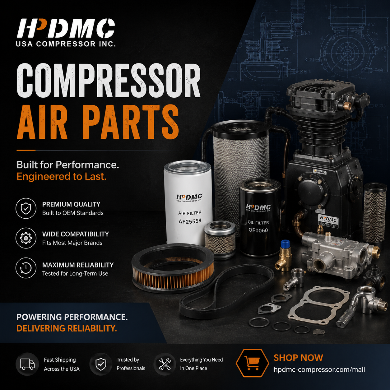 HPDMC compressor air parts advertisement showcasing filters, belts, and components with technical specs and branding.