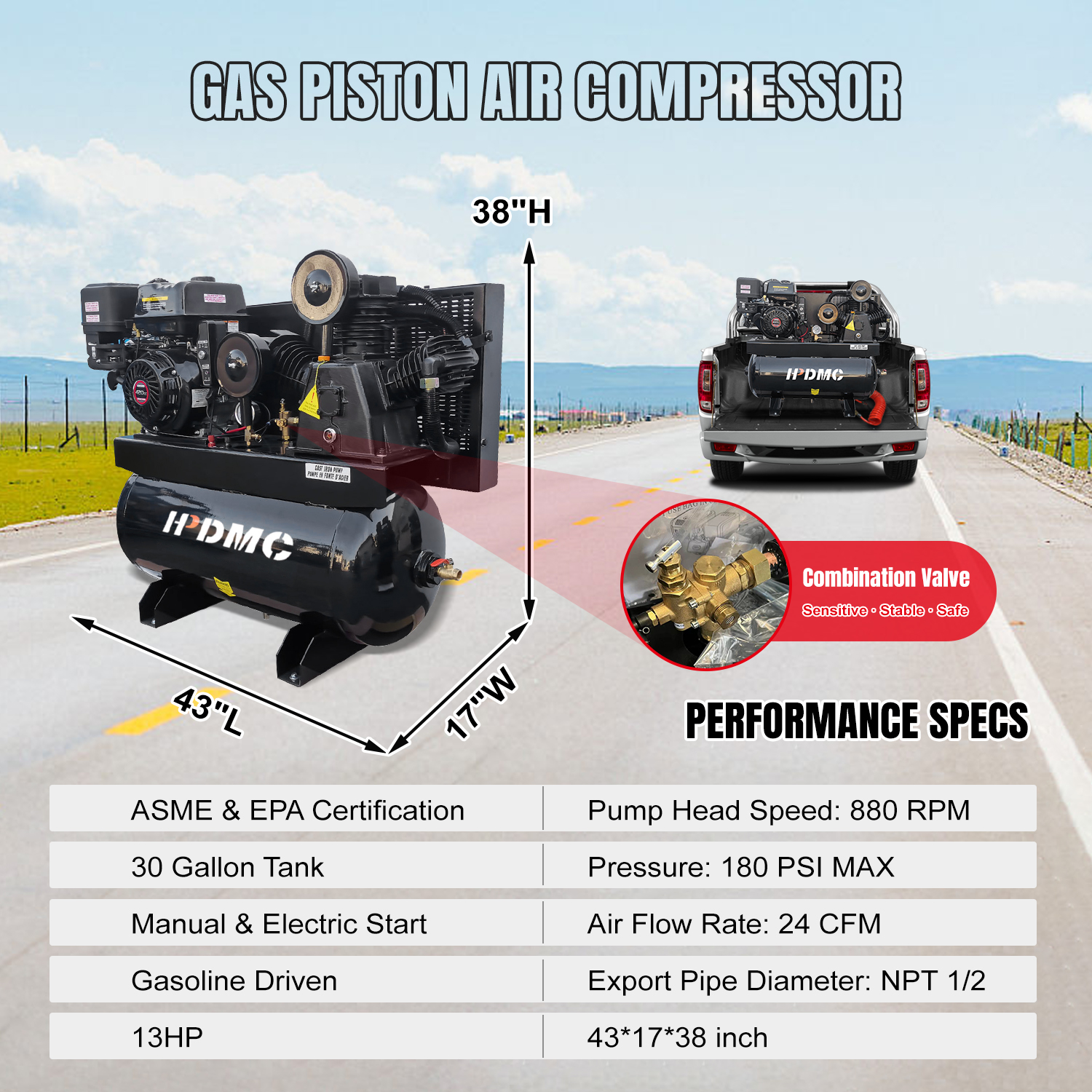 Gas piston air compressor with 30-gallon tank, 13HP, gasoline-driven, shown on road with specs and dimensions.