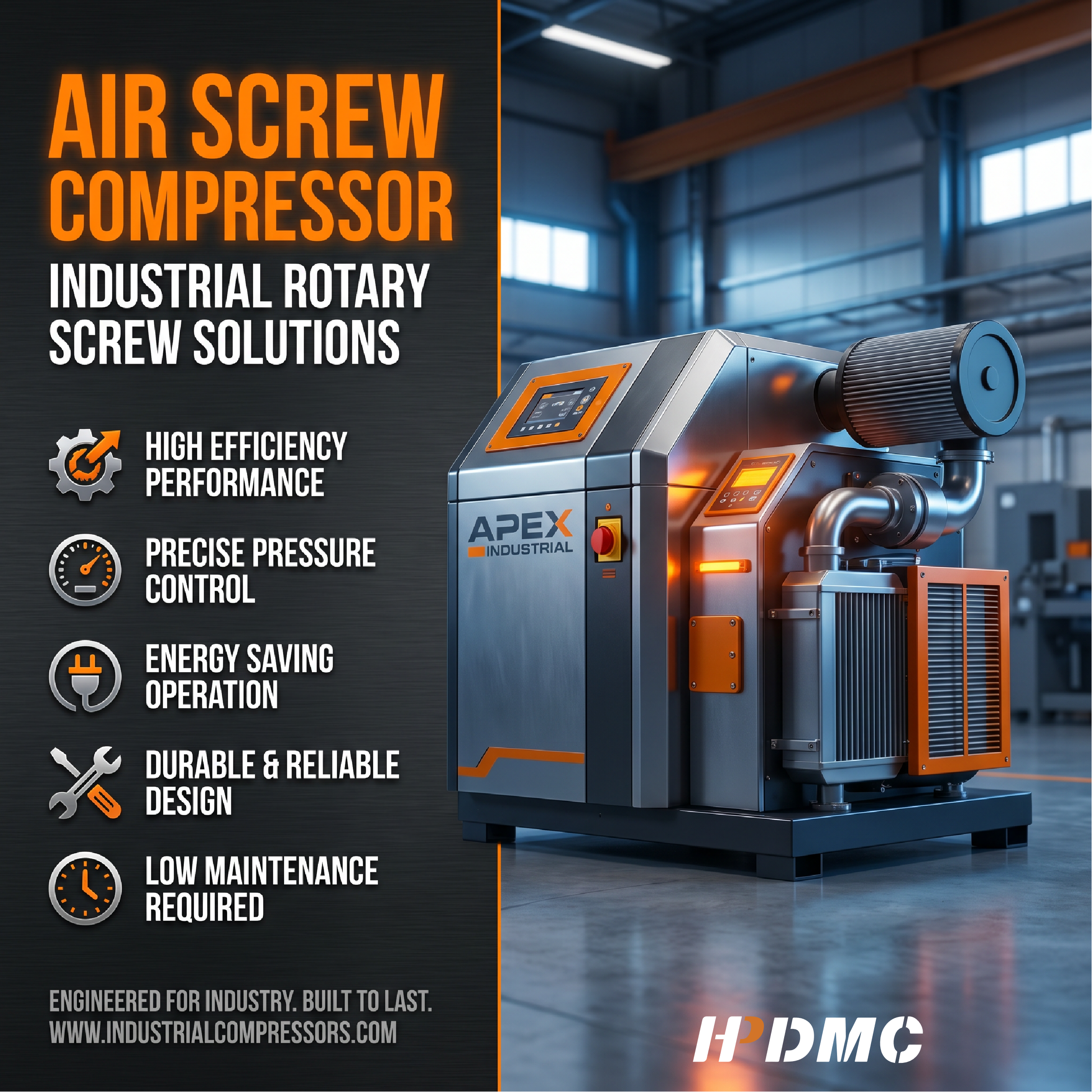 Modern air screw compressor in factory setting, featuring orange-accented metallic industrial design with performance specs.