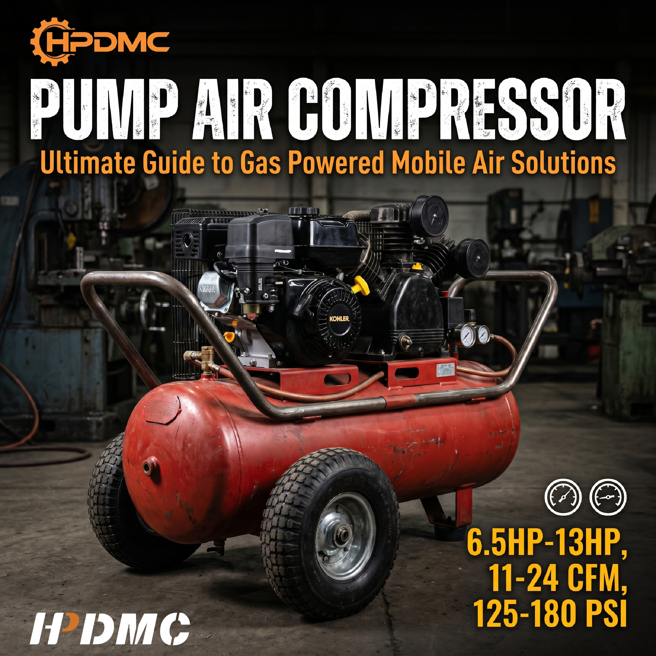Red mobile gas-powered air compressor with engine and wheels in workshop setting.