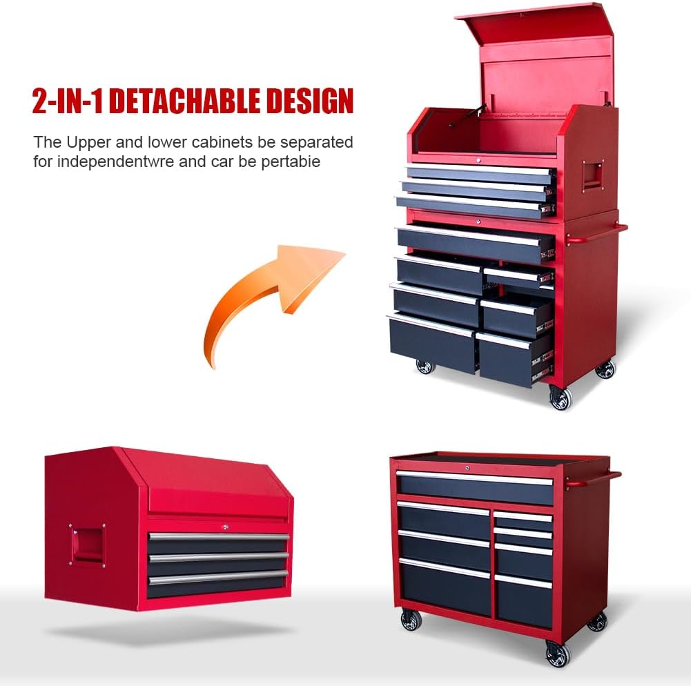 Heavy Duty Rolling Tool Chests and Cabinets Combo, 20 Gauge Steel, 11-Drawer Garage Workshop Tool Chest and Top Tool Cabinet Set