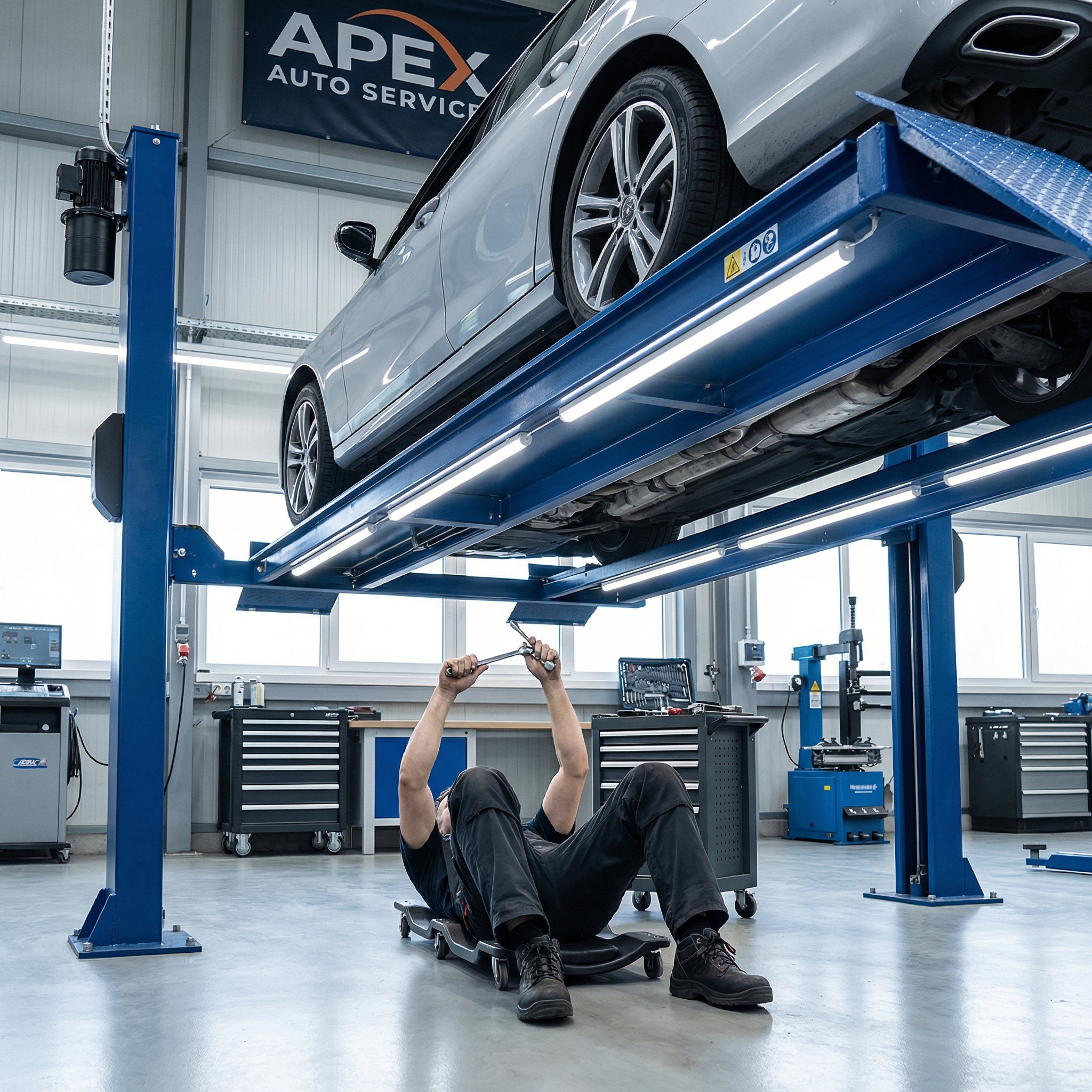 A mechanic lies on a creeper under a silver car lifted by a blue four-post lift in a clean, well-lit auto service garage.