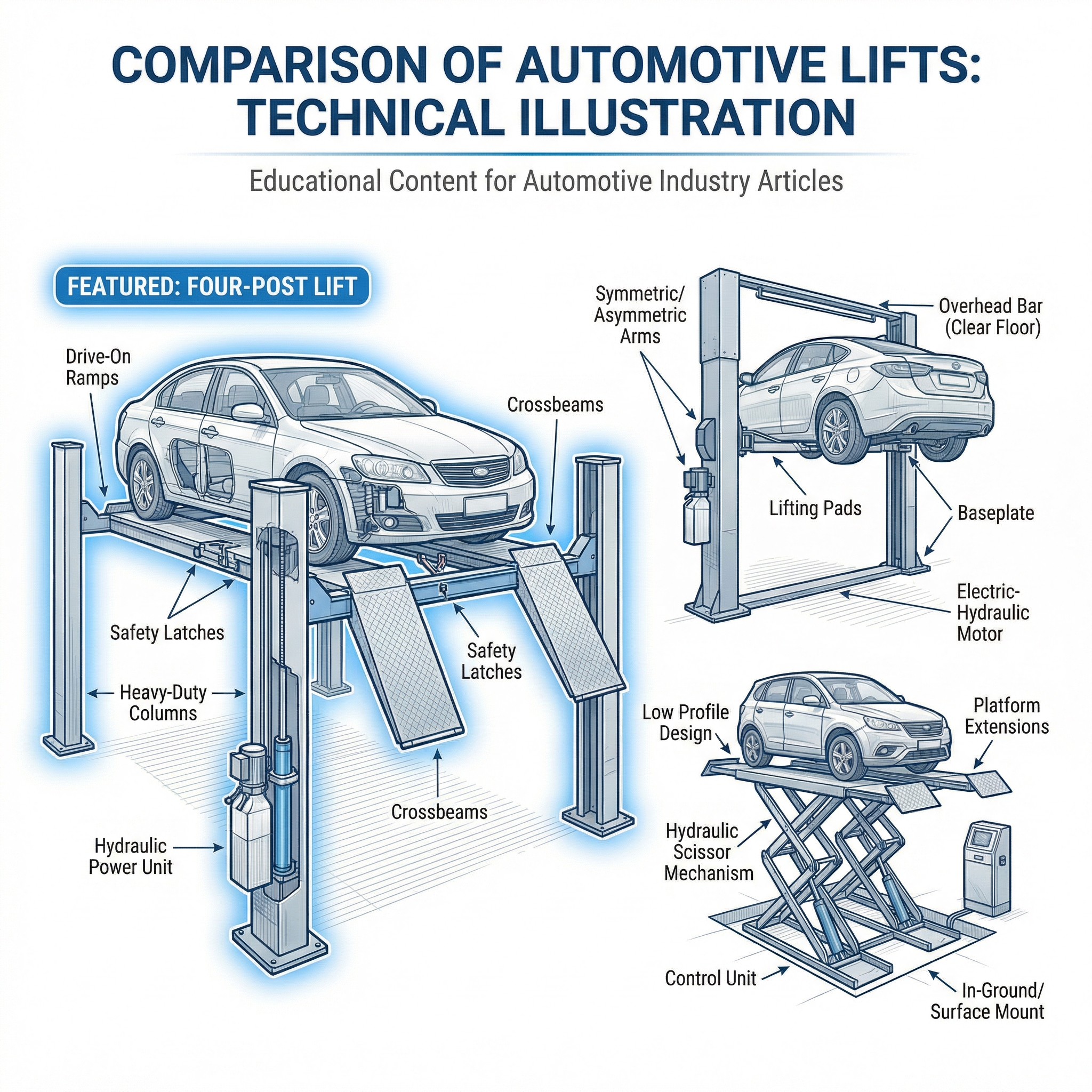 A technical diagram comparing automotive lifts, highlighting a four-post lift with labeled components like ramps, columns, and hydraulic units, plus two other lift designs.