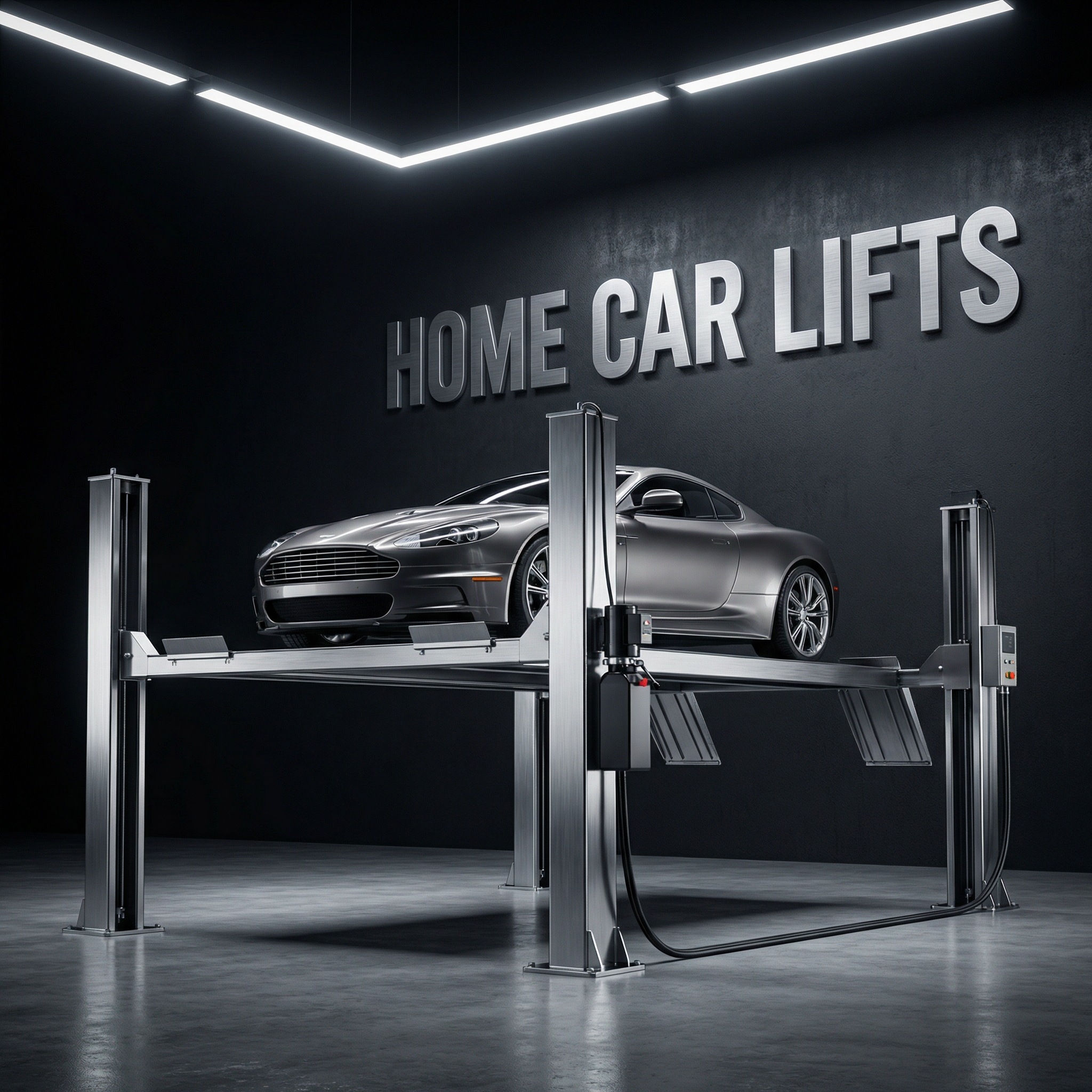 Silver four-post home car lift