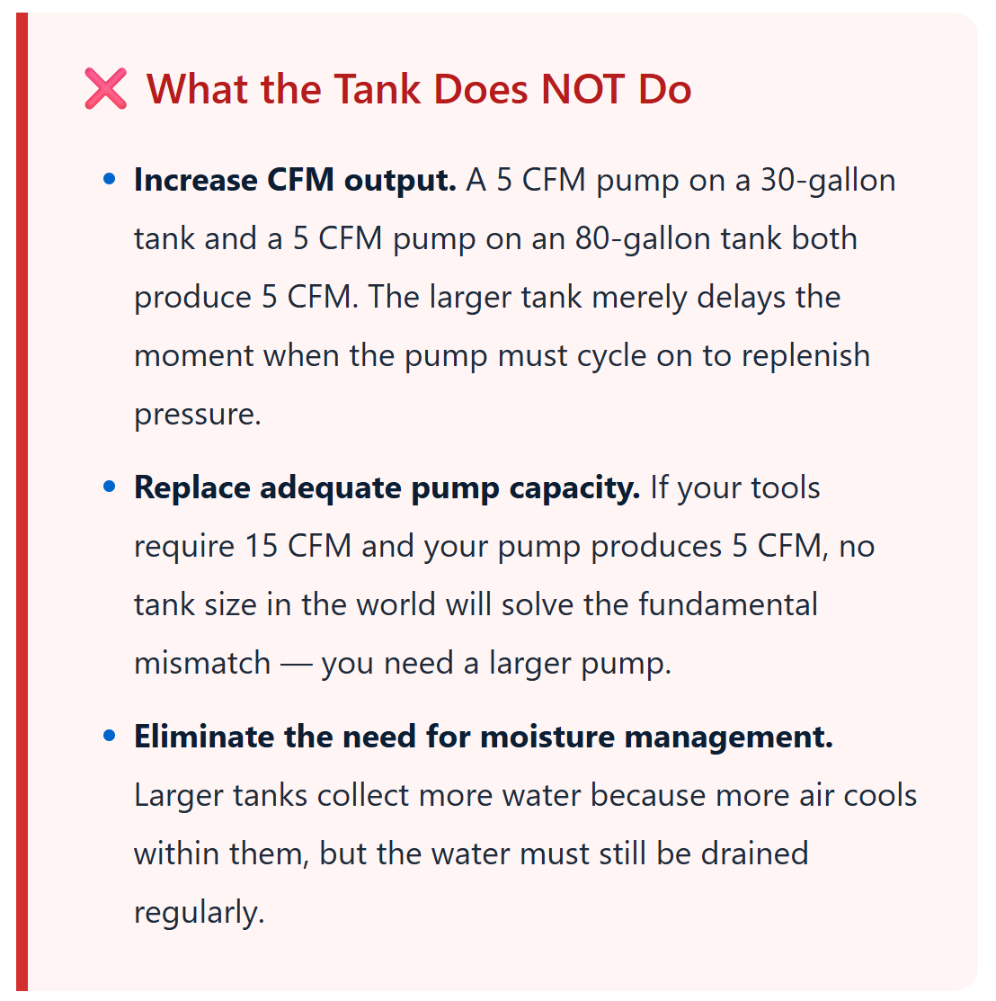 Infographic explaining what a water tank does NOT do, with red header and bullet points.