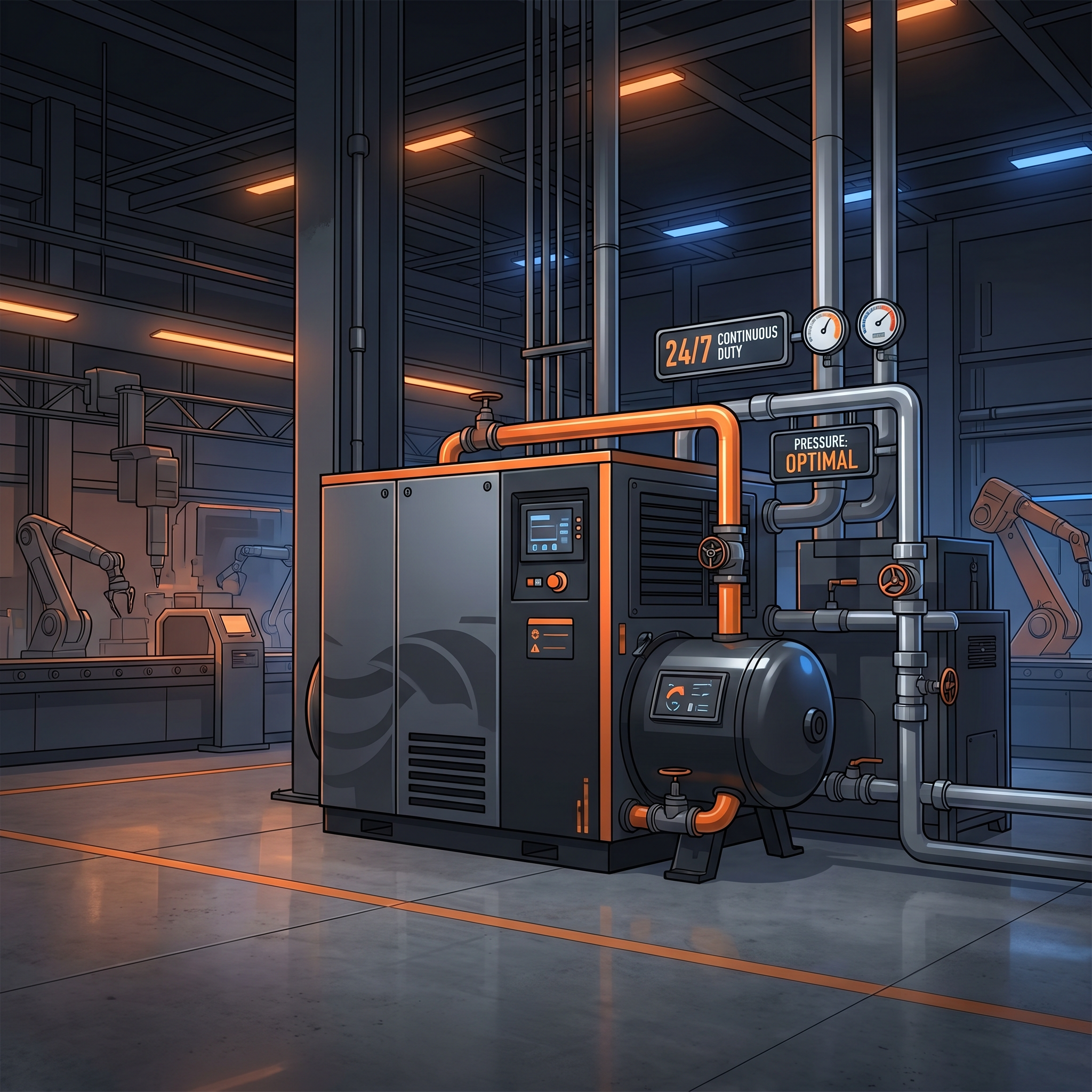 Futuristic industrial factory interior with orange-accented machinery, robotic arms, and digital displays under neon lighting