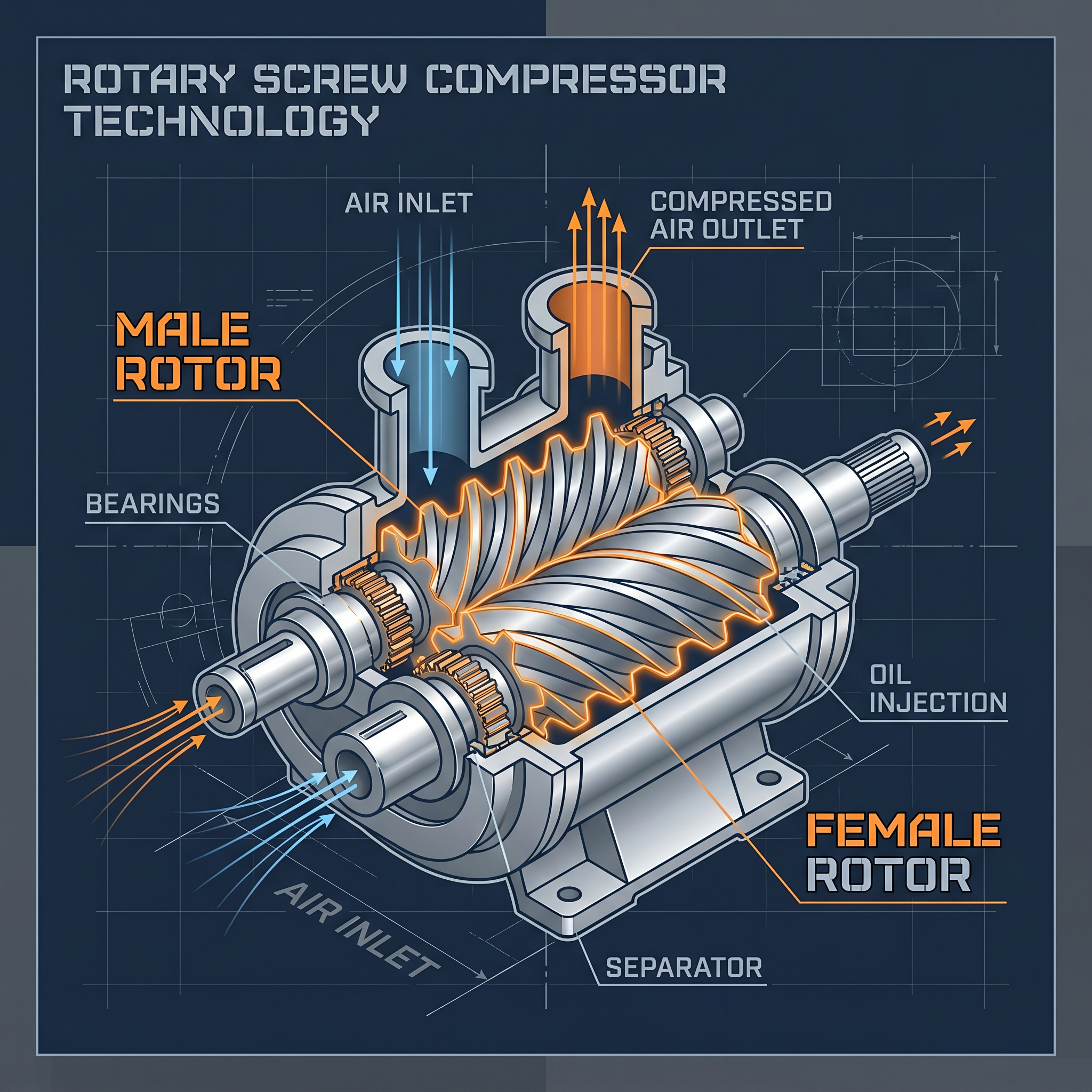 Technical illustration of a rotary screw compressor showing internal components and airflow.