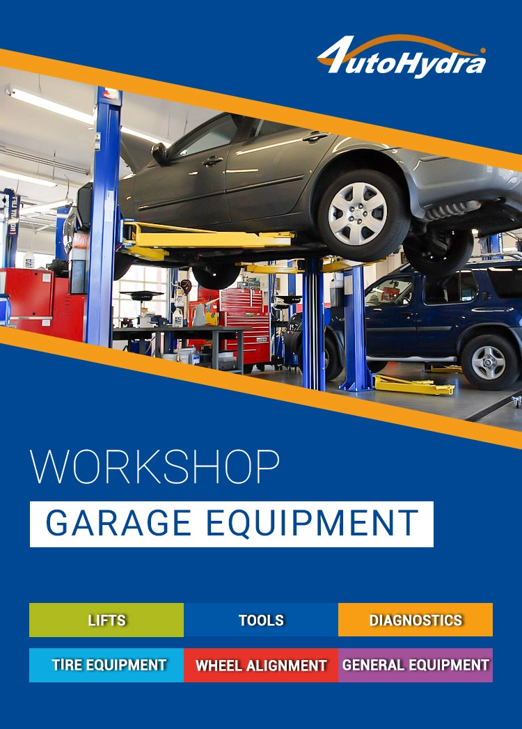 Auto repair workshop with cars on lifts, colorful service banners, and garage equipment branding.