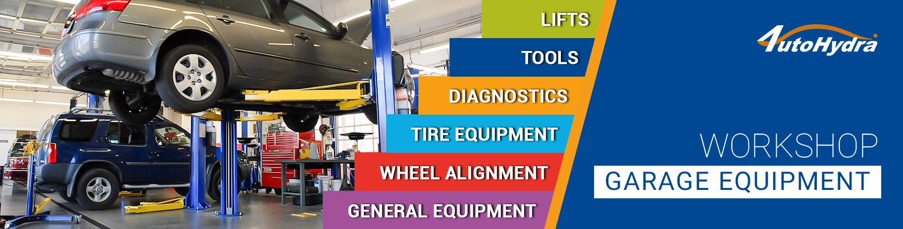 Auto repair workshop with cars on lifts, colorful service banners, and garage equipment branding.
