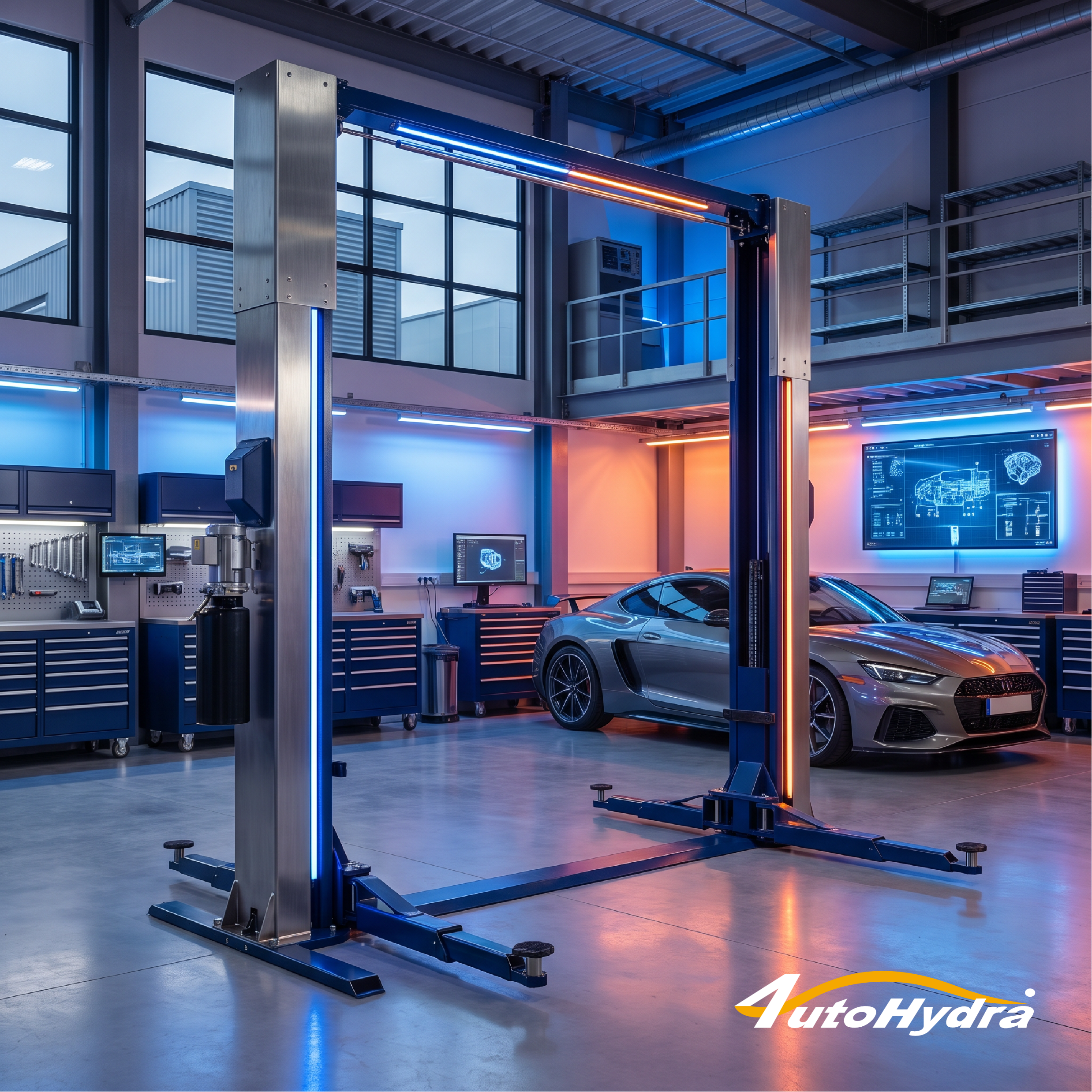 Modern automotive workshop with a silver sports car on a hydraulic lift, illuminated by blue and orange LED lights.