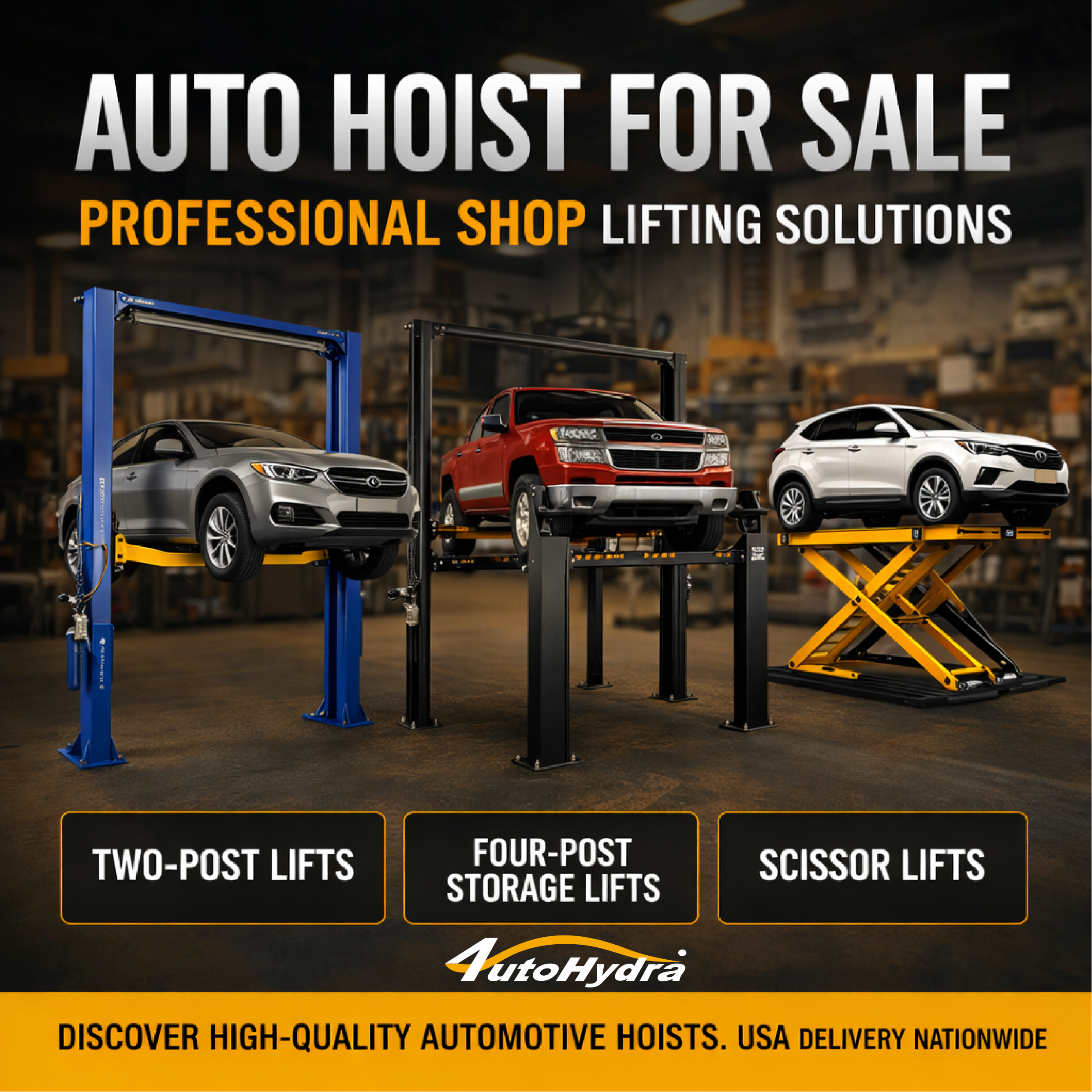 Three automotive lifts displaying cars in a professional workshop; blue, black