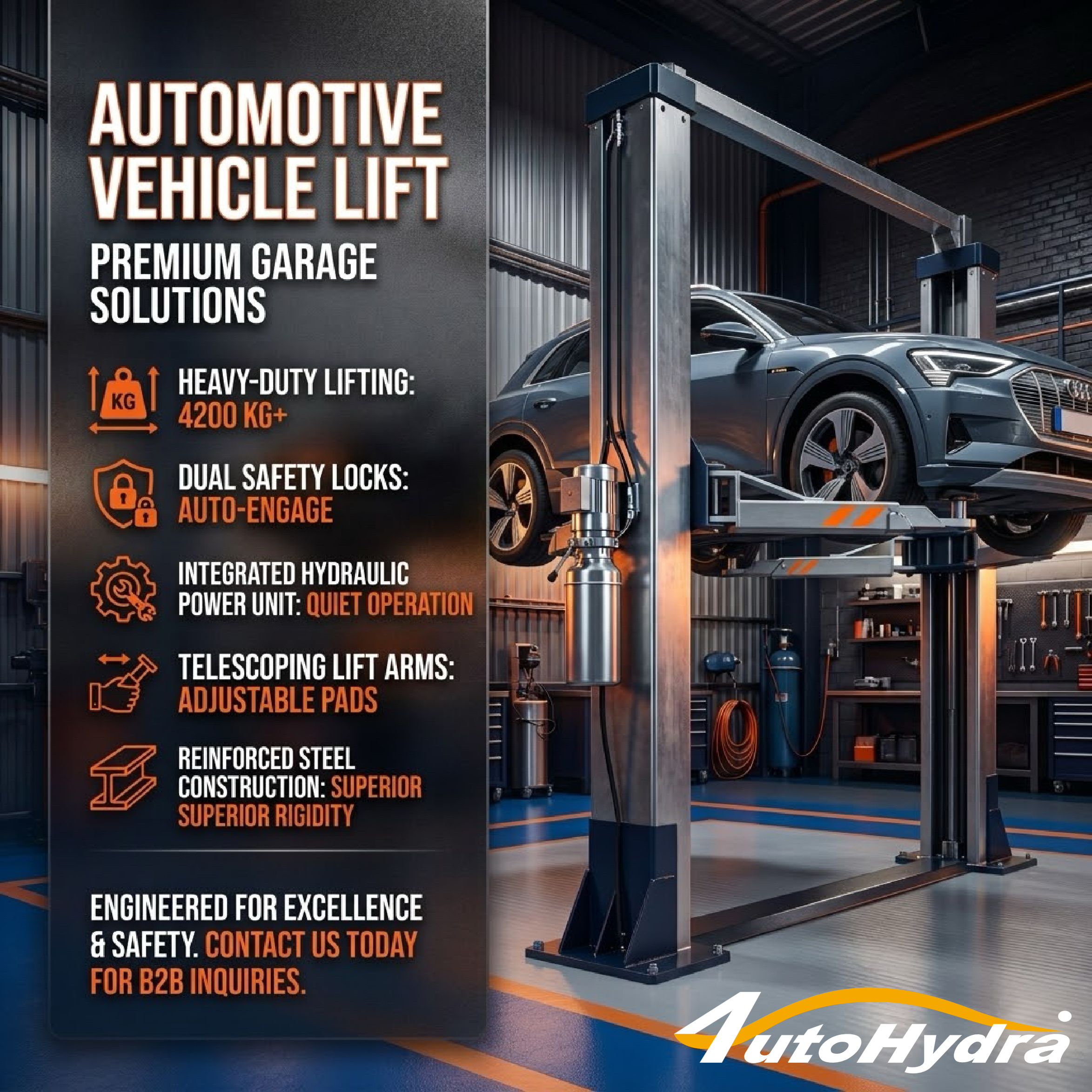 A modern automotive lift hoisting a blue SUV in a well-lit garage, showcasing premium features and safety.