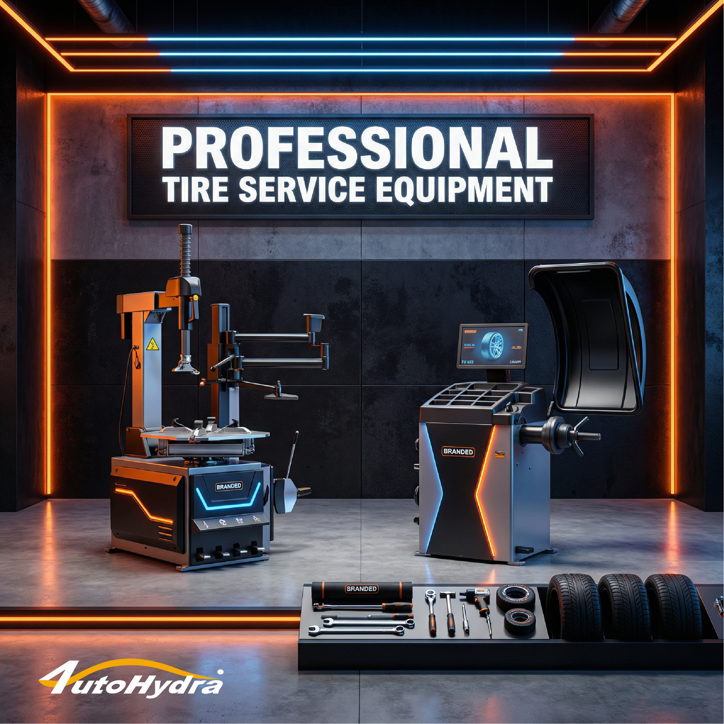 Modern tire service station with neon-lit professional equipment and tools.