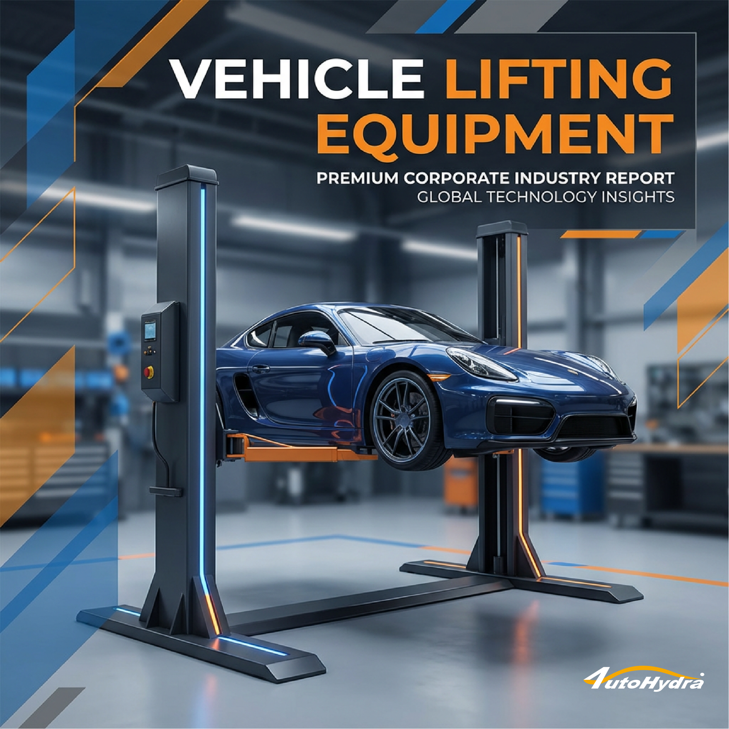 A sleek sports car elevated on a hydraulic lift in a modern garage, overlaid with red tones and corporate text.