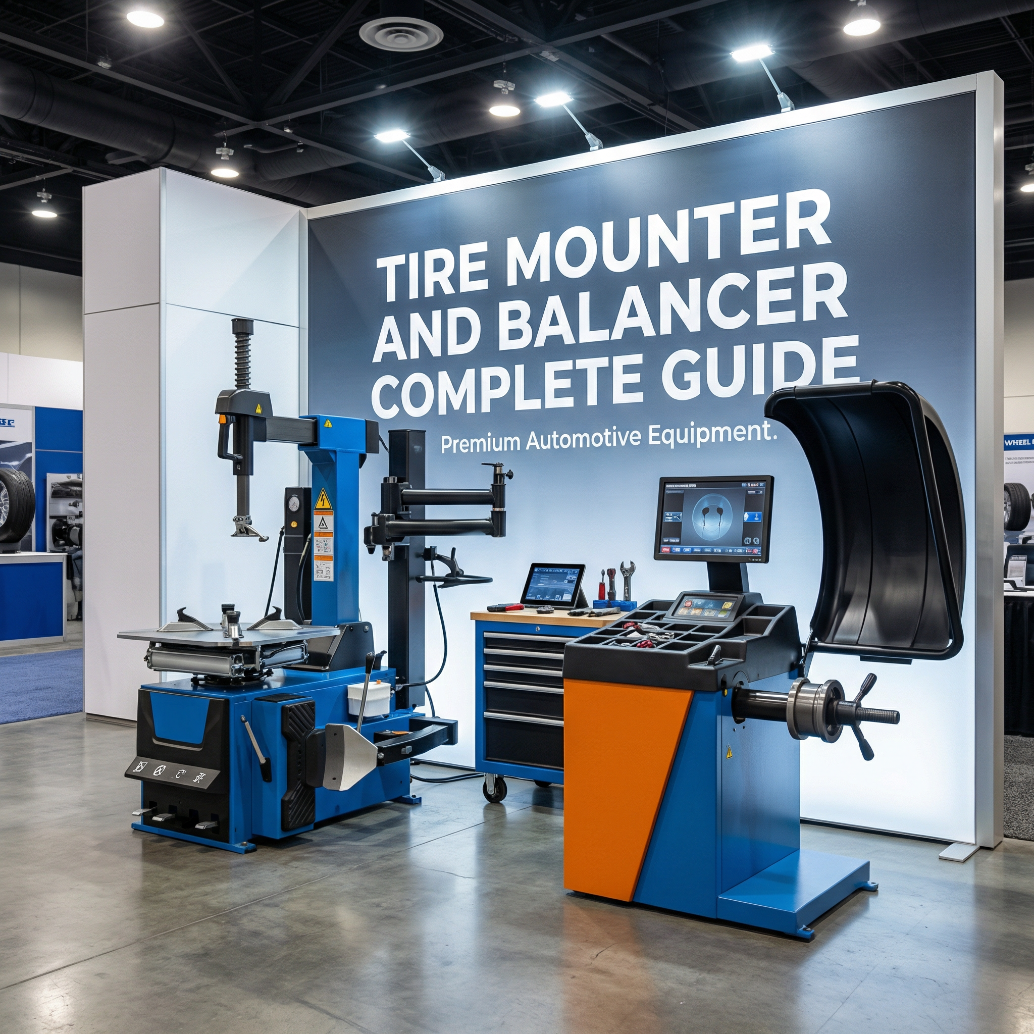 Trade show booth displaying blue and orange tire mounting and balancing machines with digital interfaces.