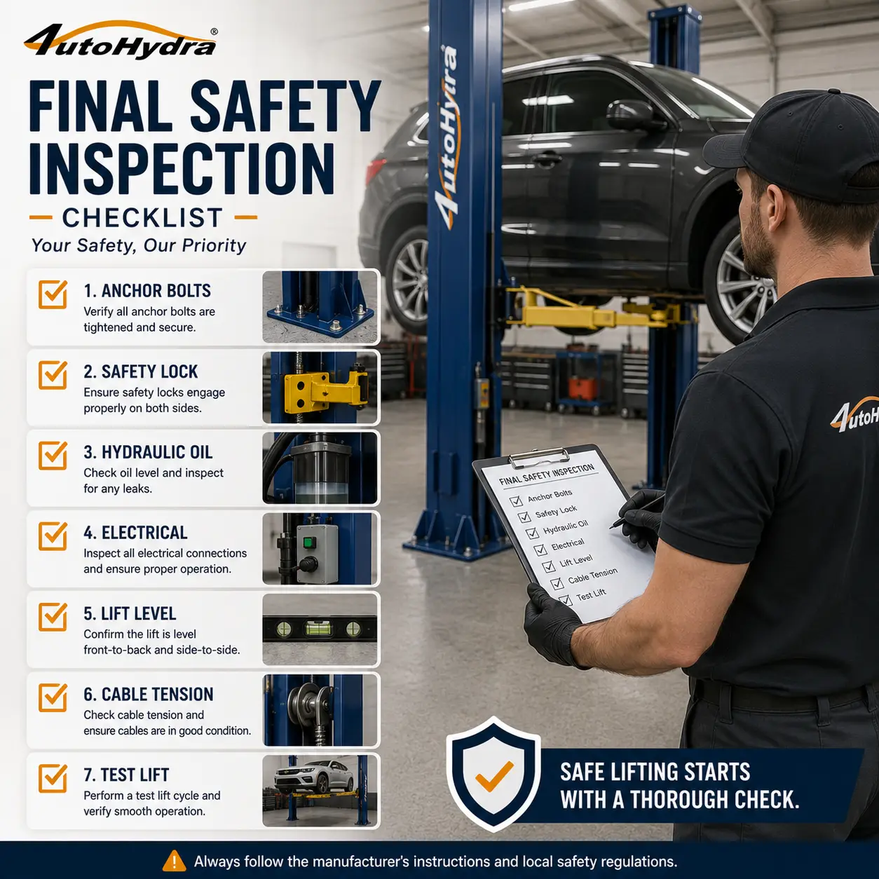 Mechanic performing final safety inspection on a car elevated on a hydraulic lift using a checklist.