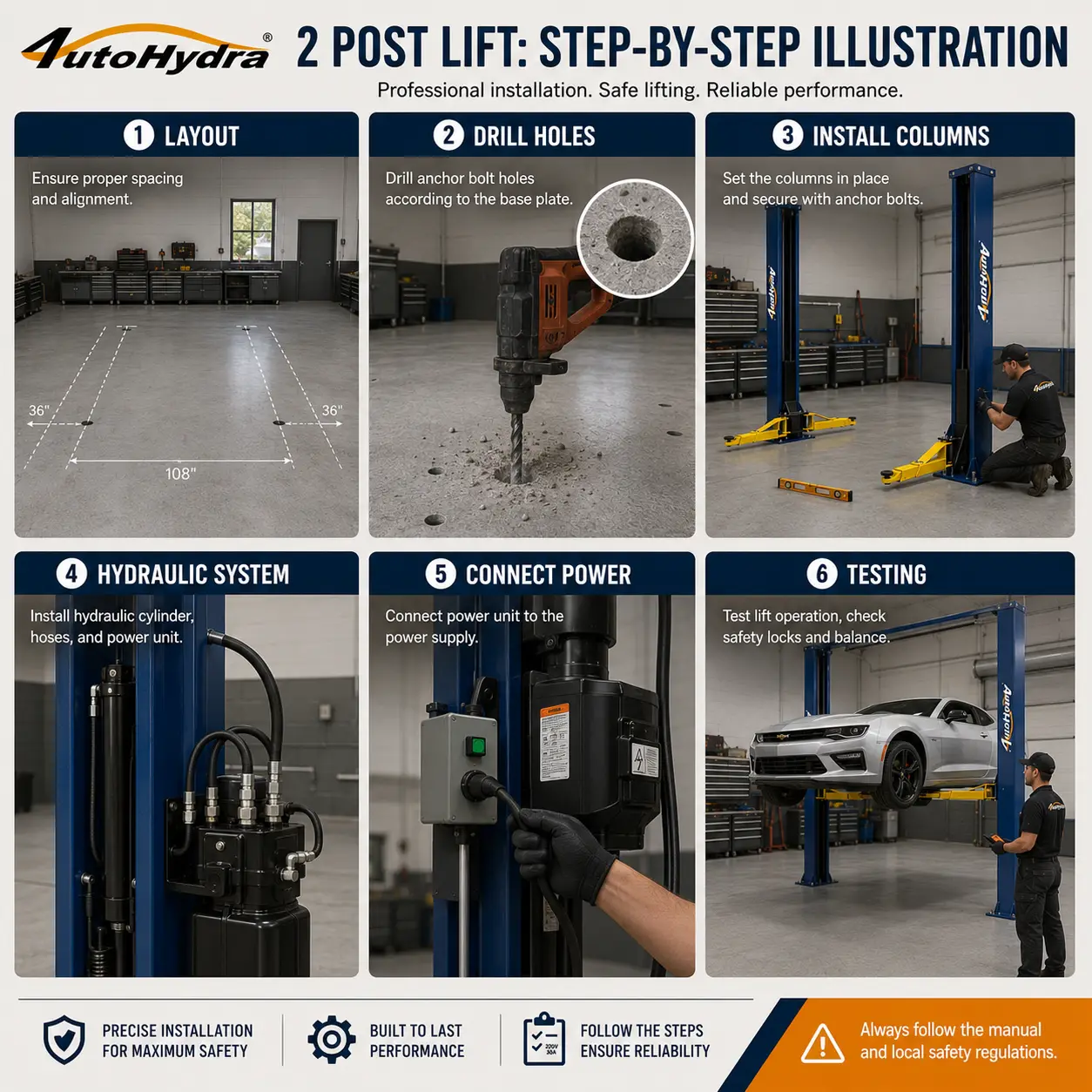 Step-by-step illustration of installing a 2-post hydraulic car lift in a workshop.