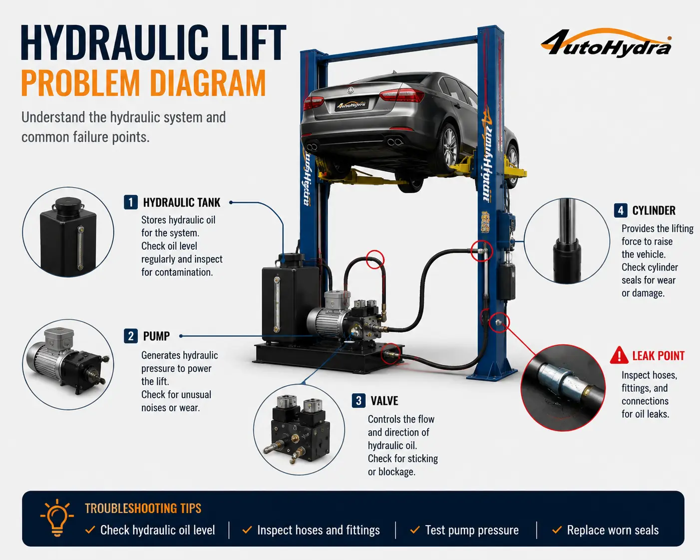 Technical diagram of a hydraulic lift system with labeled components and troubleshooting tips for car repair.