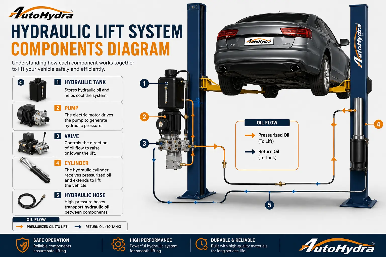 Technical diagram showing hydraulic lift system components and oil flow for automotive vehicle lifting.