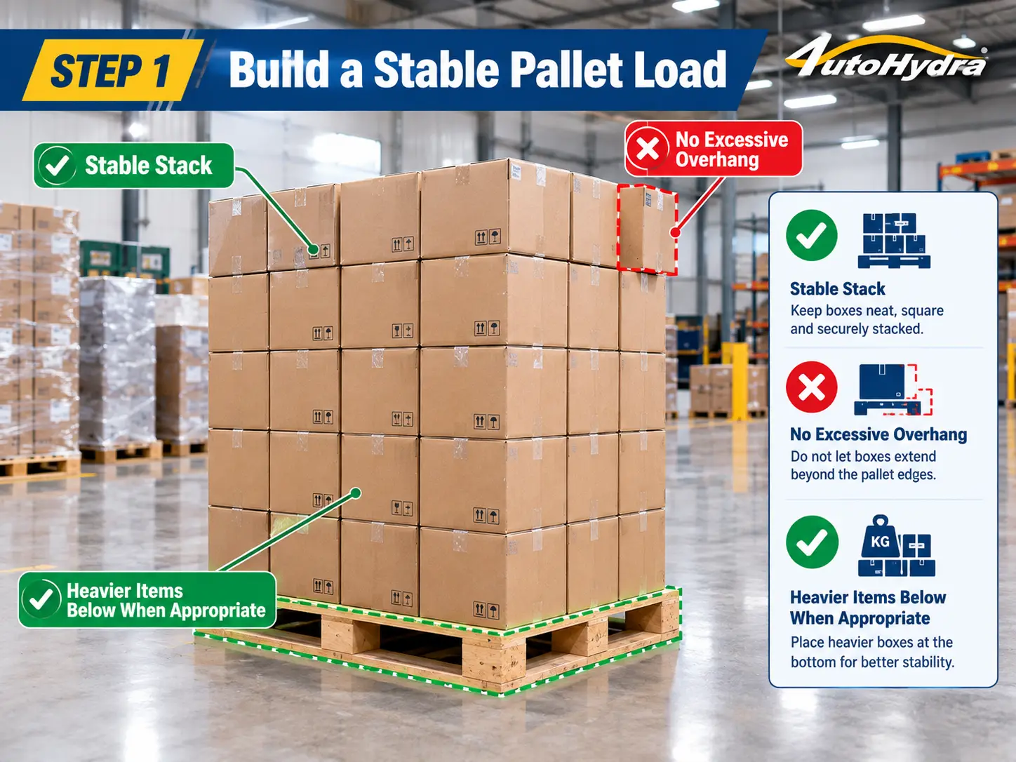 Warehouse infographic demonstrating stable pallet loading with stacked cardboard boxes and tips.