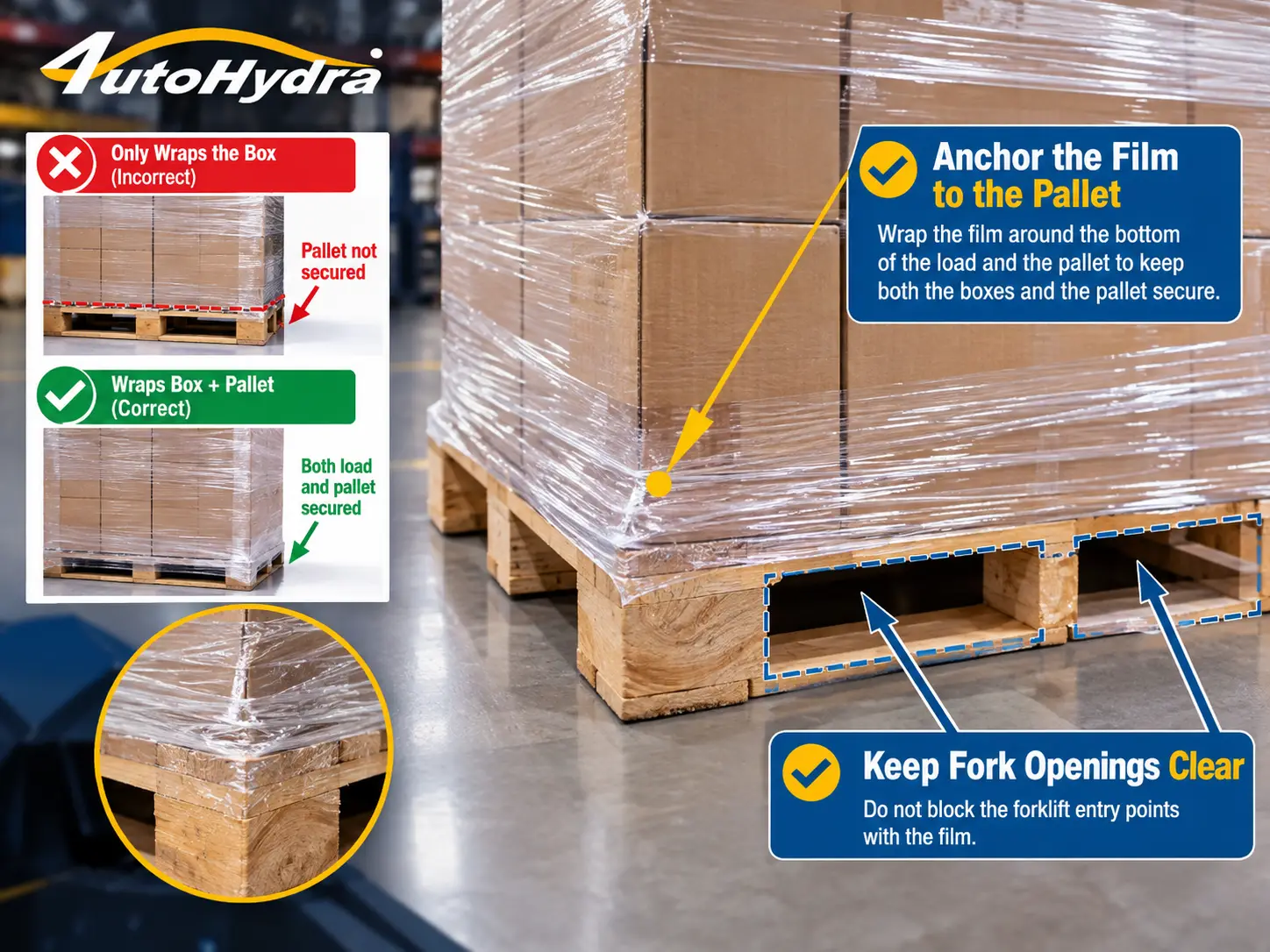 Warehouse graphic demonstrating proper pallet wrapping and forklift access guidelines.