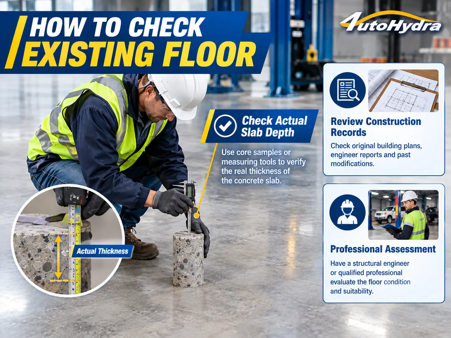 Infographic of a worker measuring a concrete core sample in a warehouse to check floor slab depth.