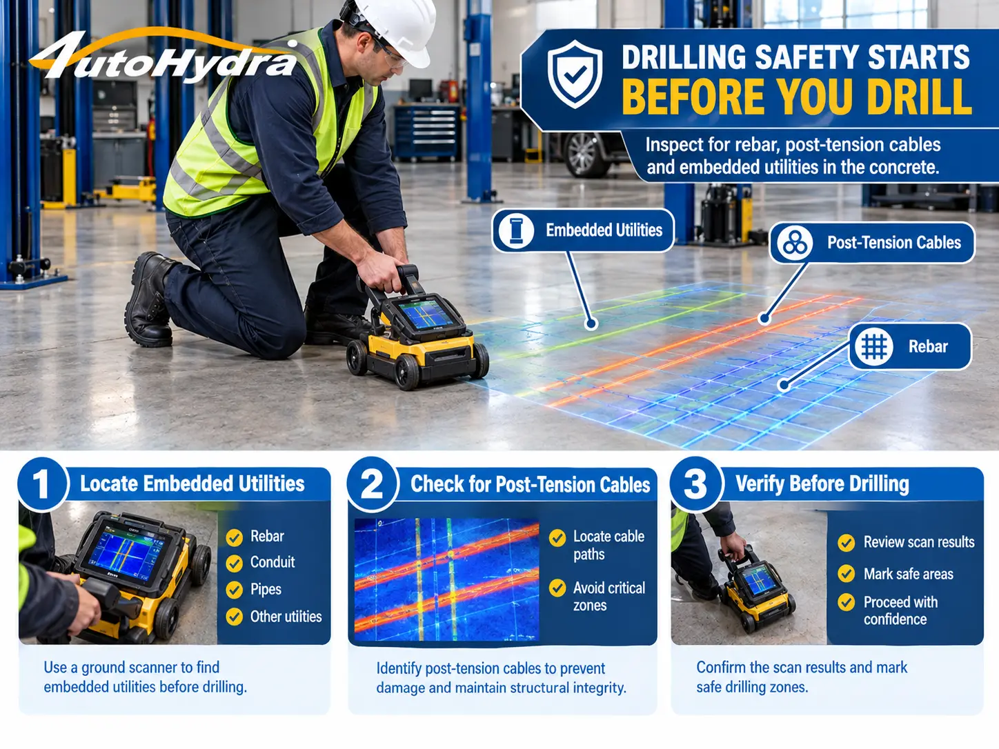 Worker using a ground scanner to detect utilities and rebar before drilling, in a safety infographic.