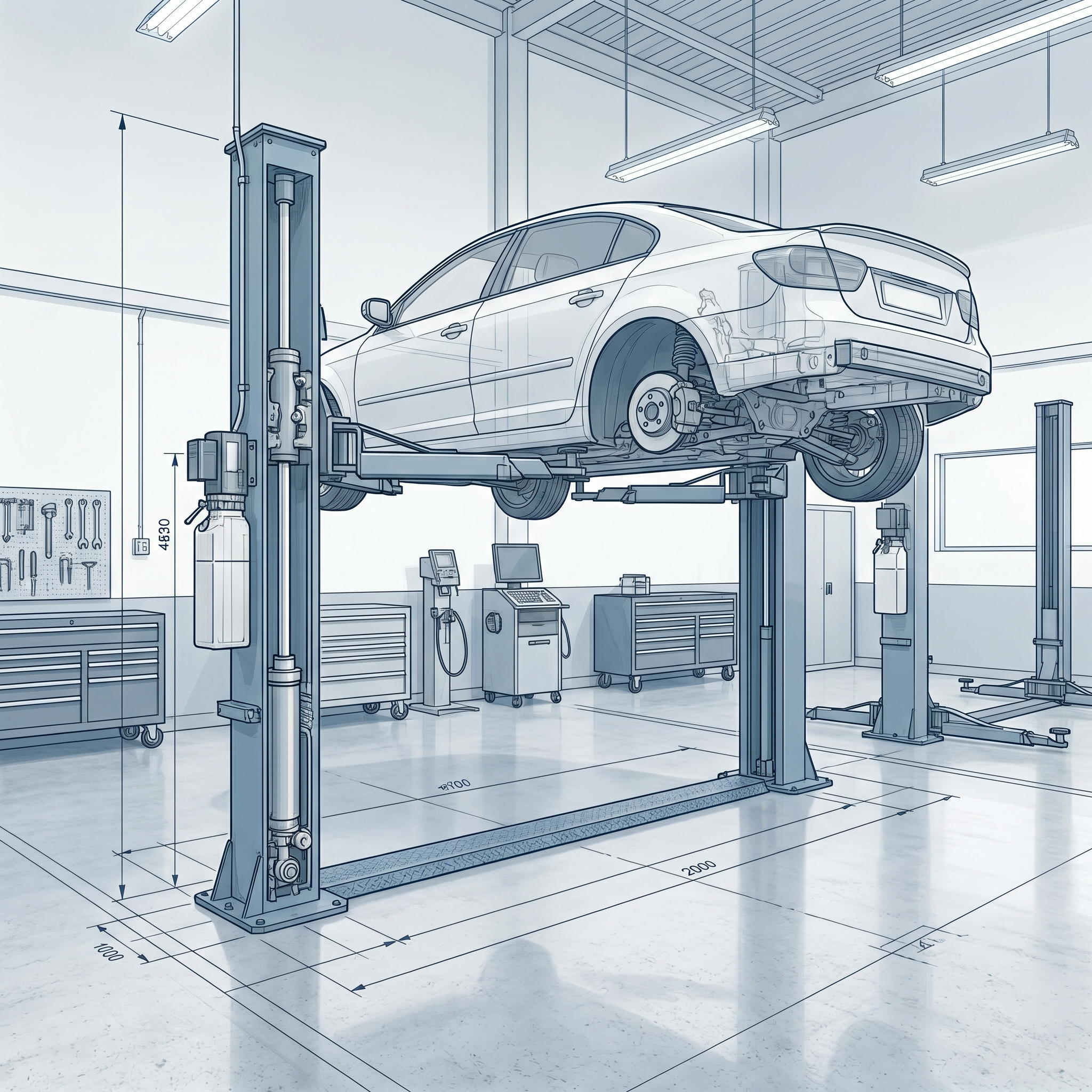Technical blueprint-style illustration of a sedan elevated on a hydraulic lift in a clean auto repair workshop.