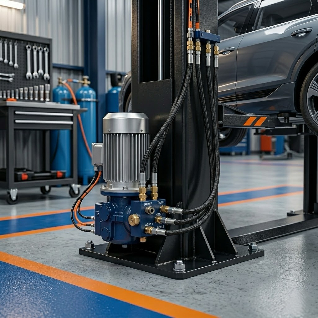 Industrial automotive workshop with hydraulic car lift, tools, and a raised vehicle.