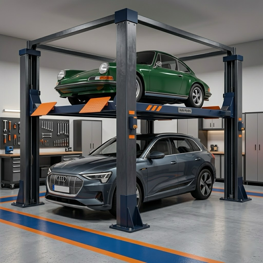 Modern garage with a two-level car lift holding a green classic Porsche above a gray Audi SUV.