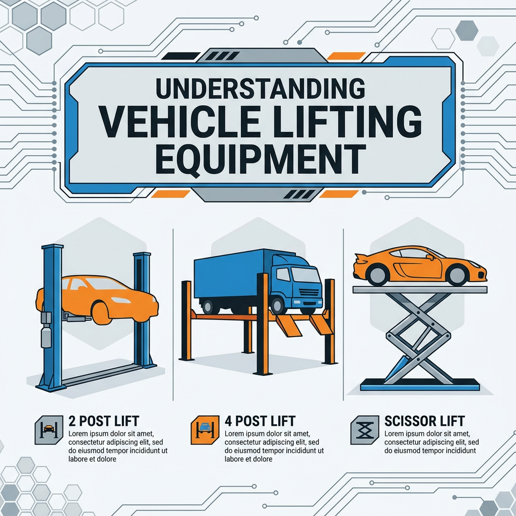 Infographic illustrating three types of vehicle lifting equipment: 2-post, 4-post, and scissor lifts with cars/truck on them.