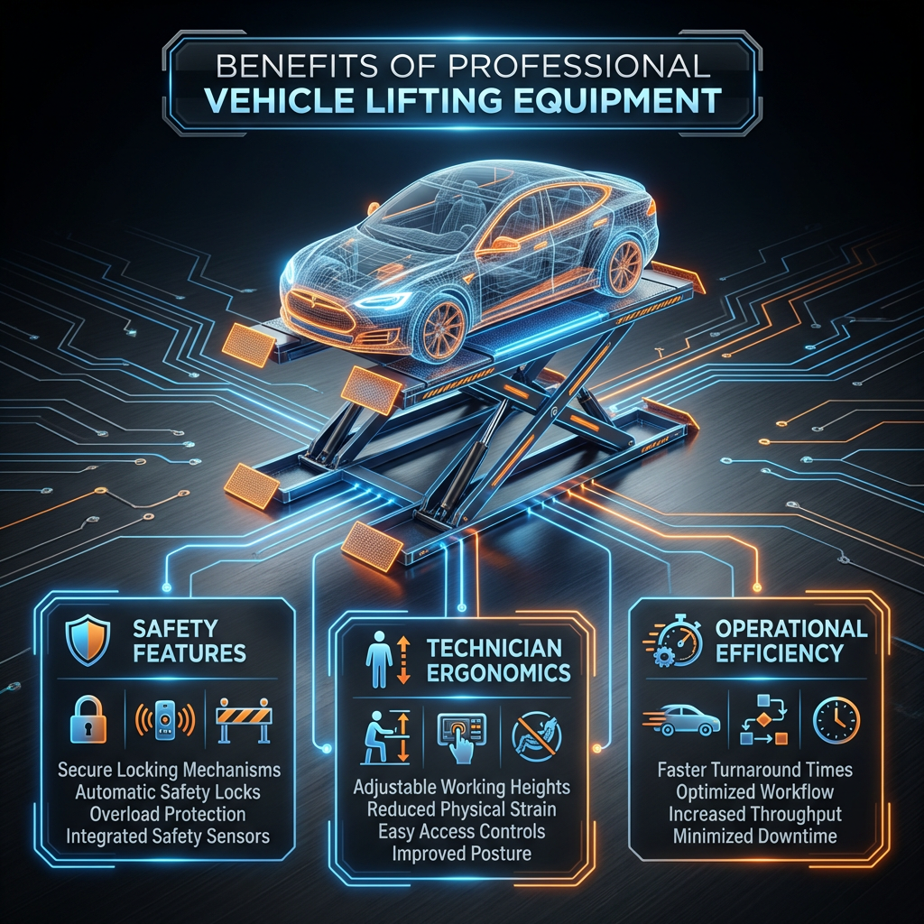 Futuristic infographic showcasing professional vehicle lifting equipment with holographic car, neon circuits