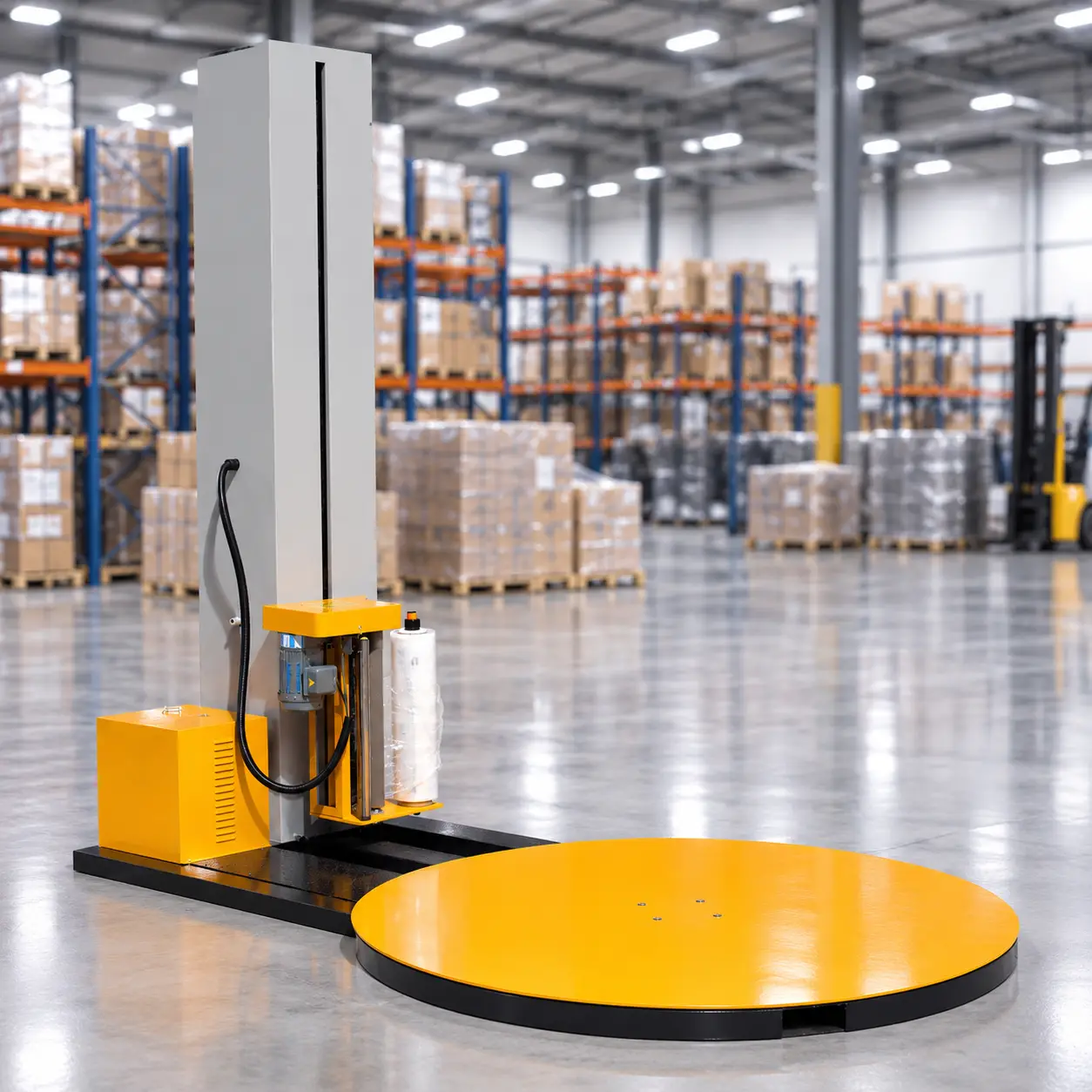 Industrial warehouse with a yellow and gray pallet wrapping machine, stacked boxes on racks, and forklifts in background.