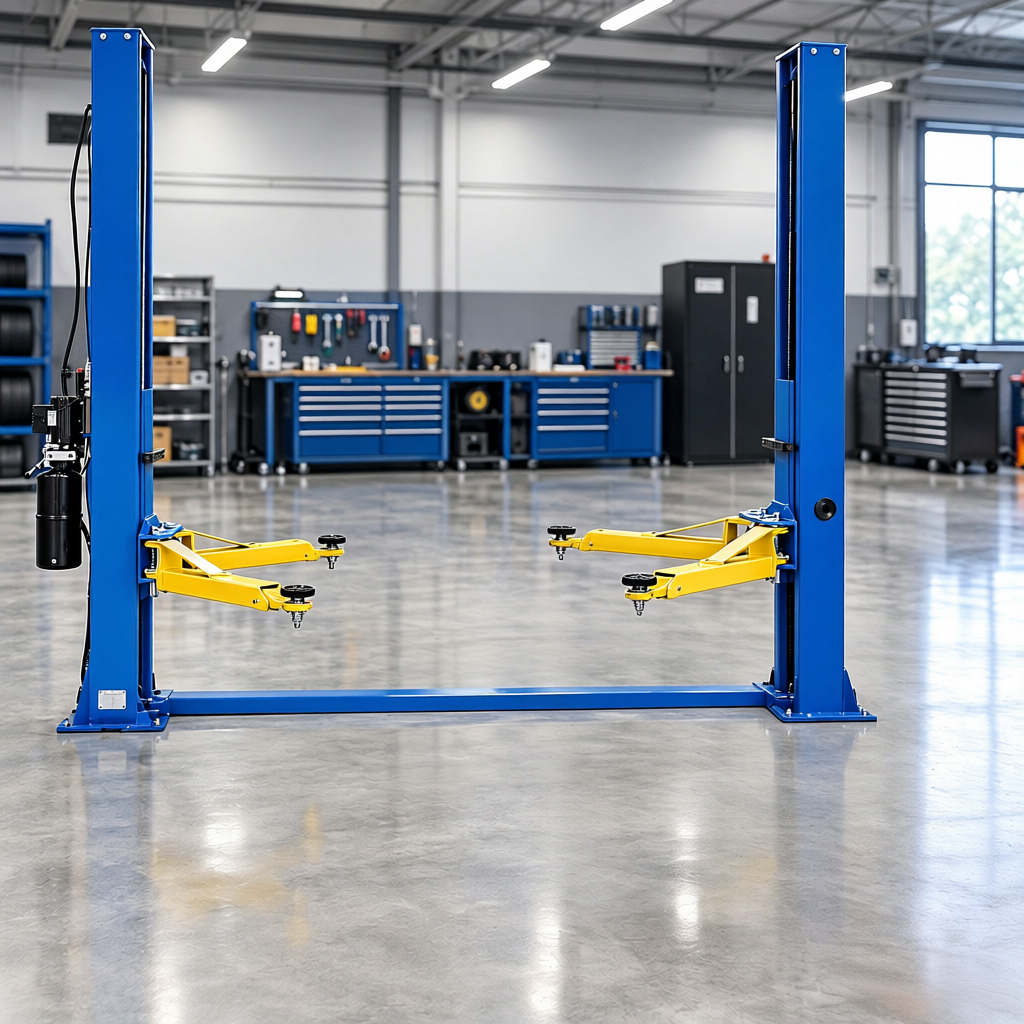 Blue and yellow automotive lift in a clean, modern workshop setting.