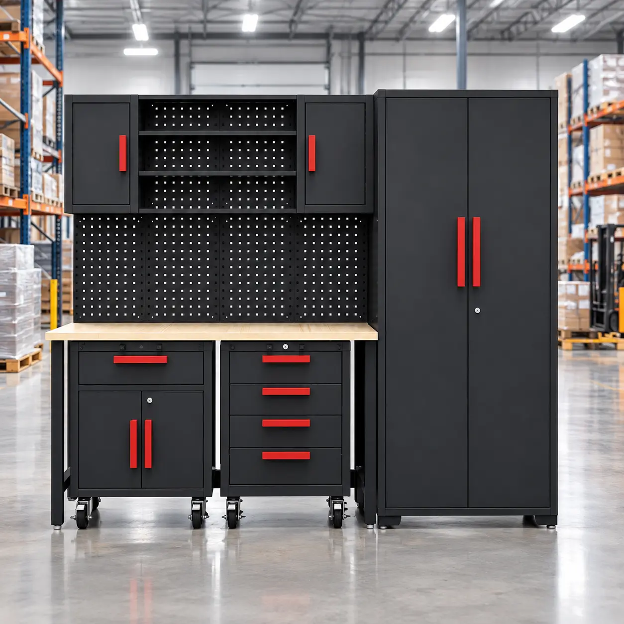Black industrial workbench with red handles, pegboard, and cabinets in a warehouse setting.
