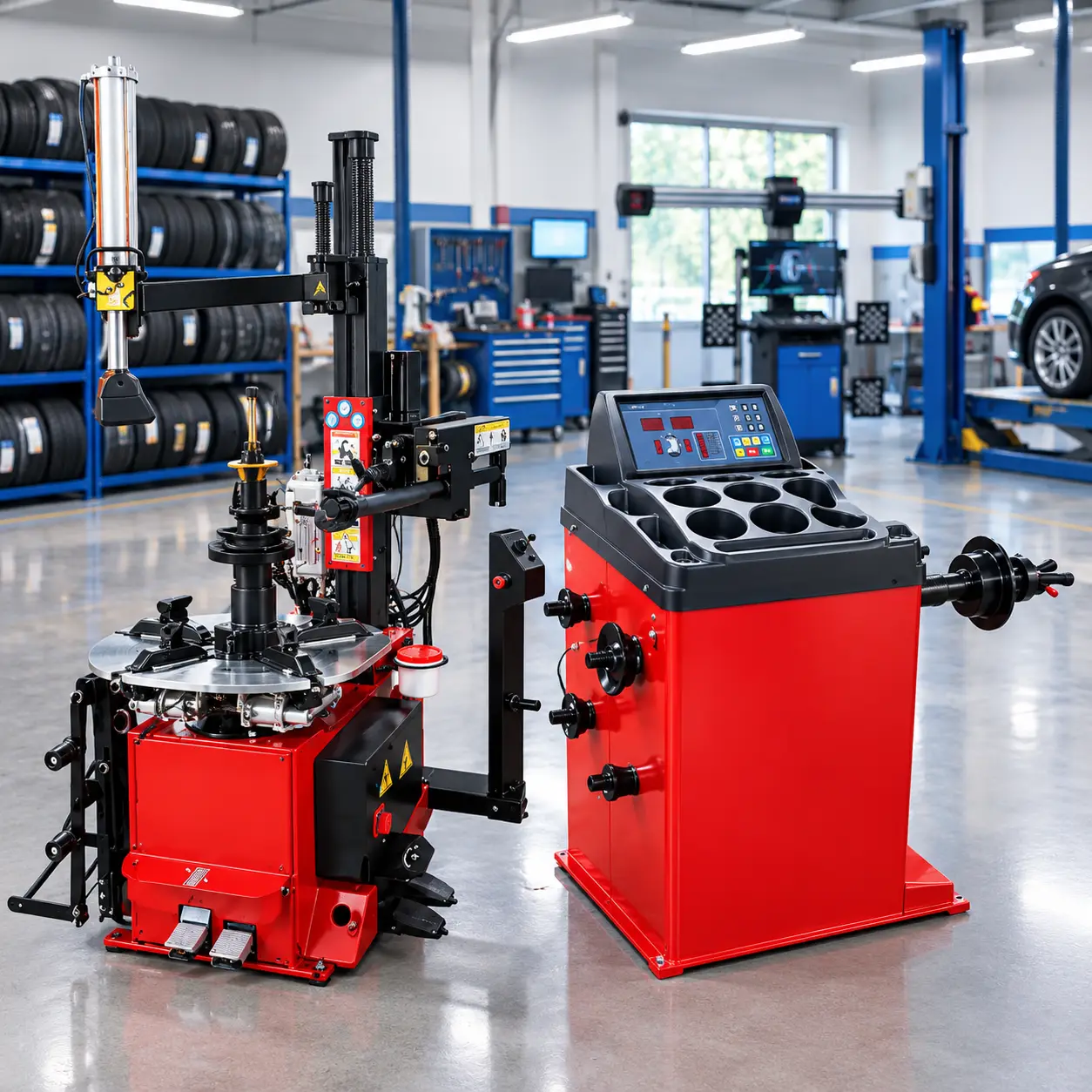 Modern auto repair shop with red tire changer and wheel balancer, stacked tires, and a lifted car in background.