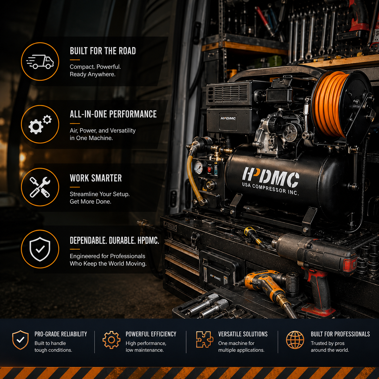 Professional HPDMC air compressor setup in a work van with tools and branding highlights.