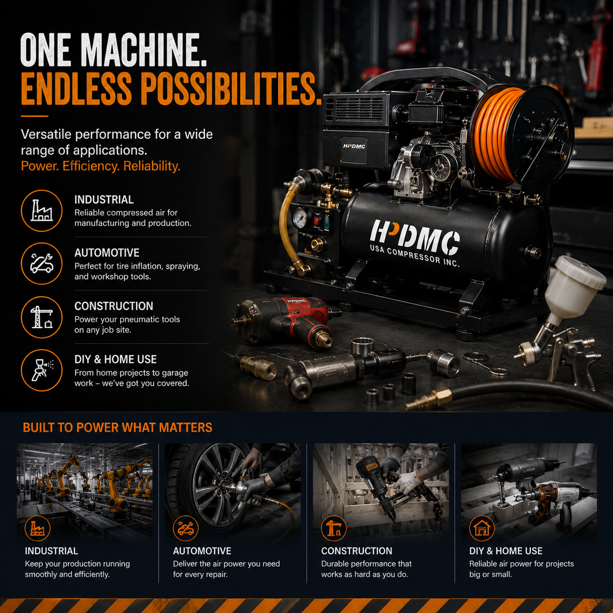 Black HPDMC air compressor with orange hose, surrounded by pneumatic tools in a workshop setting.