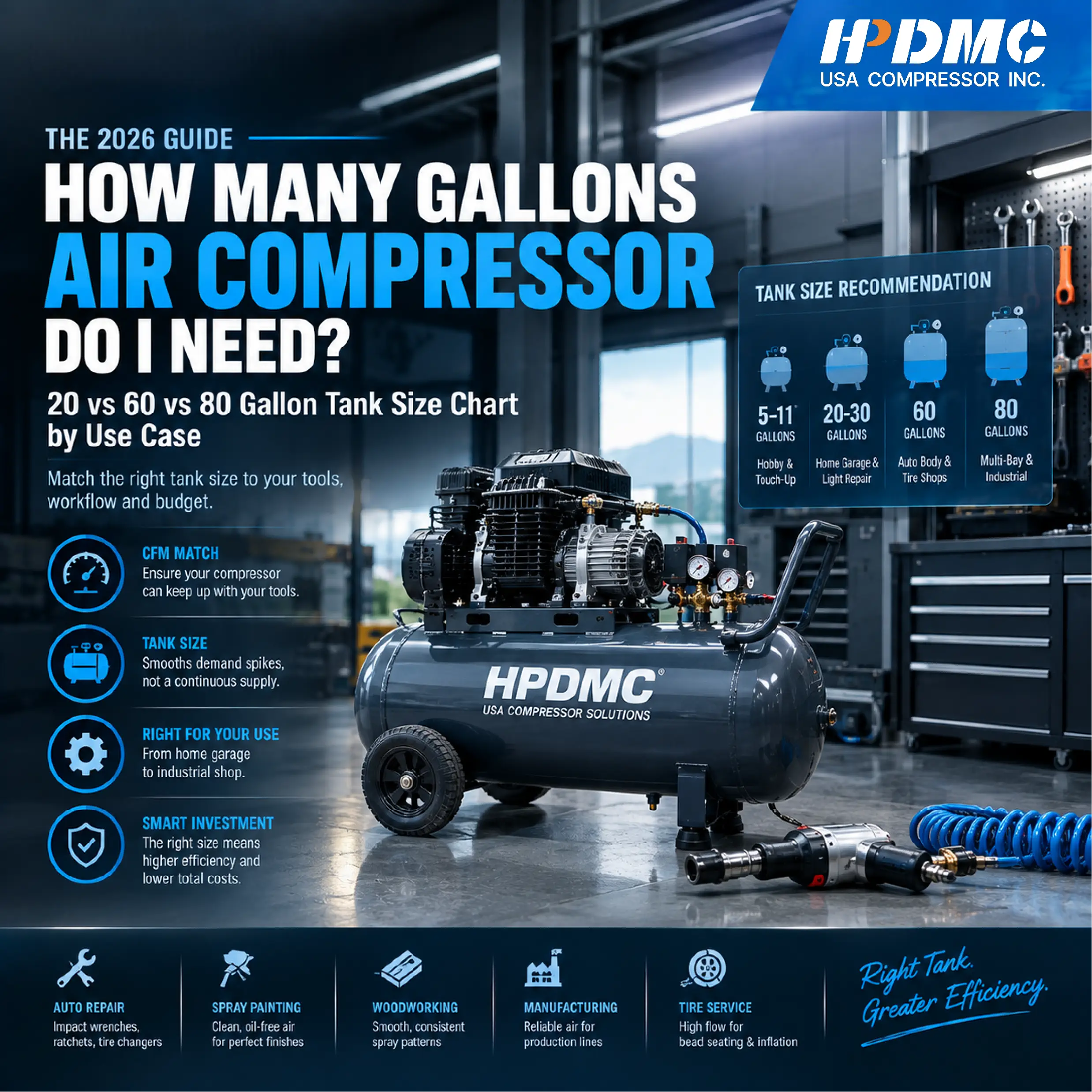How Many Gallons Air Compressor Do I Need? 20 vs 60 vs 80 Gallon Tank Size Chart by Use Case