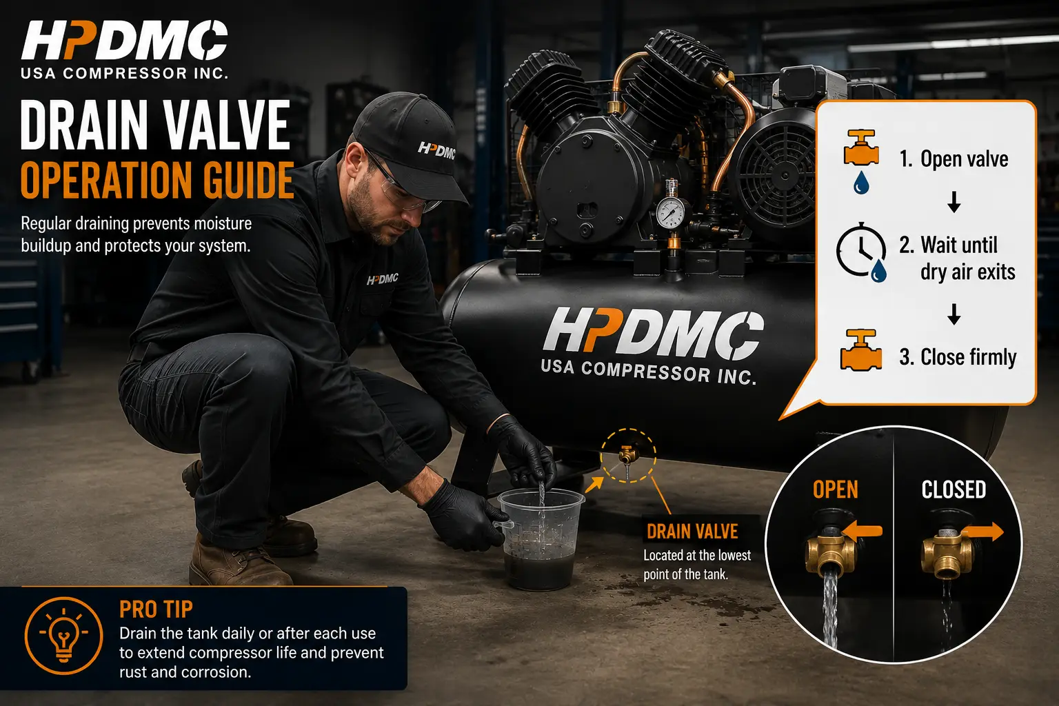 A technician demonstrates draining an air compressor tank using HPDMC's operation guide, emphasizing maintenance