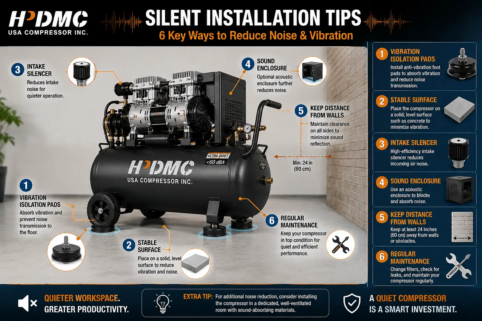 Infographic showing silent installation tips for HDMC air compressor, emphasizing noise/vibration reduction.
