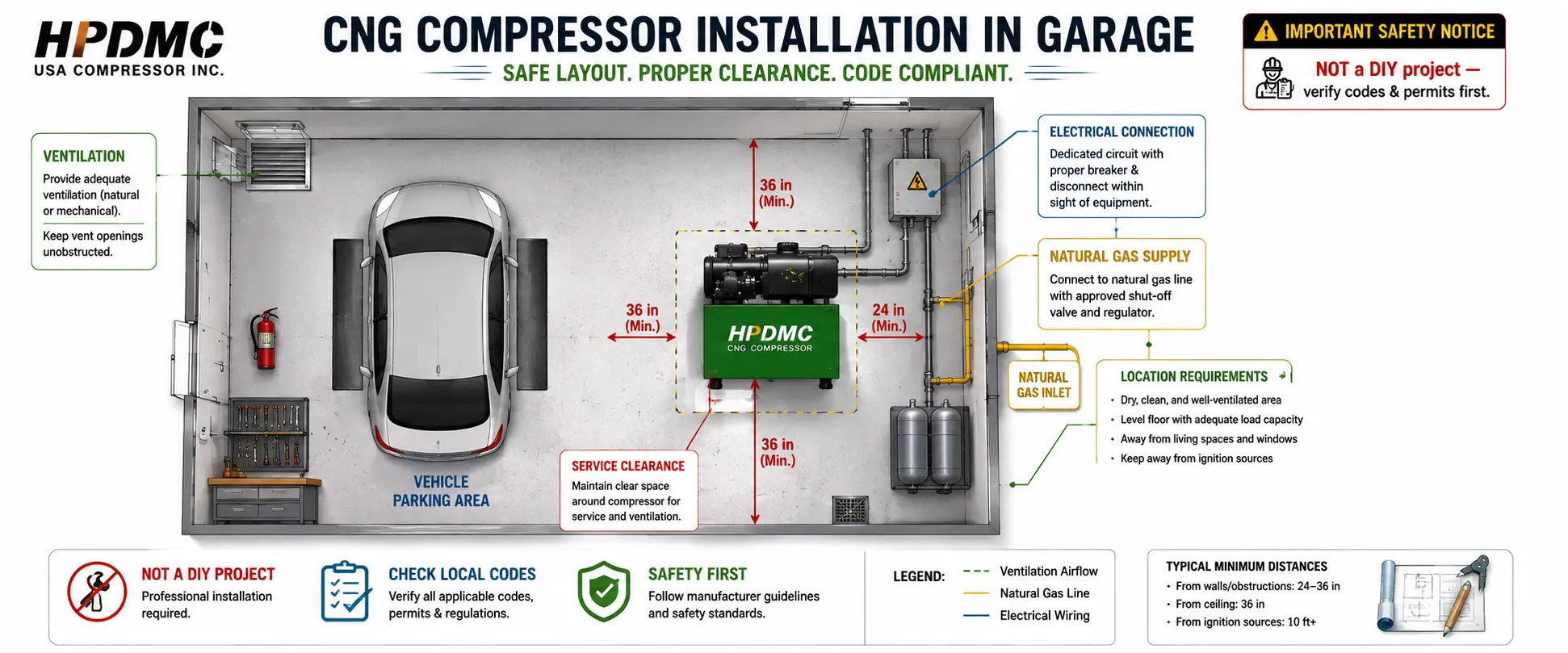 Technical diagram showing safe CNG compressor installation in a garage with layout, clearances, and safety guidelines.