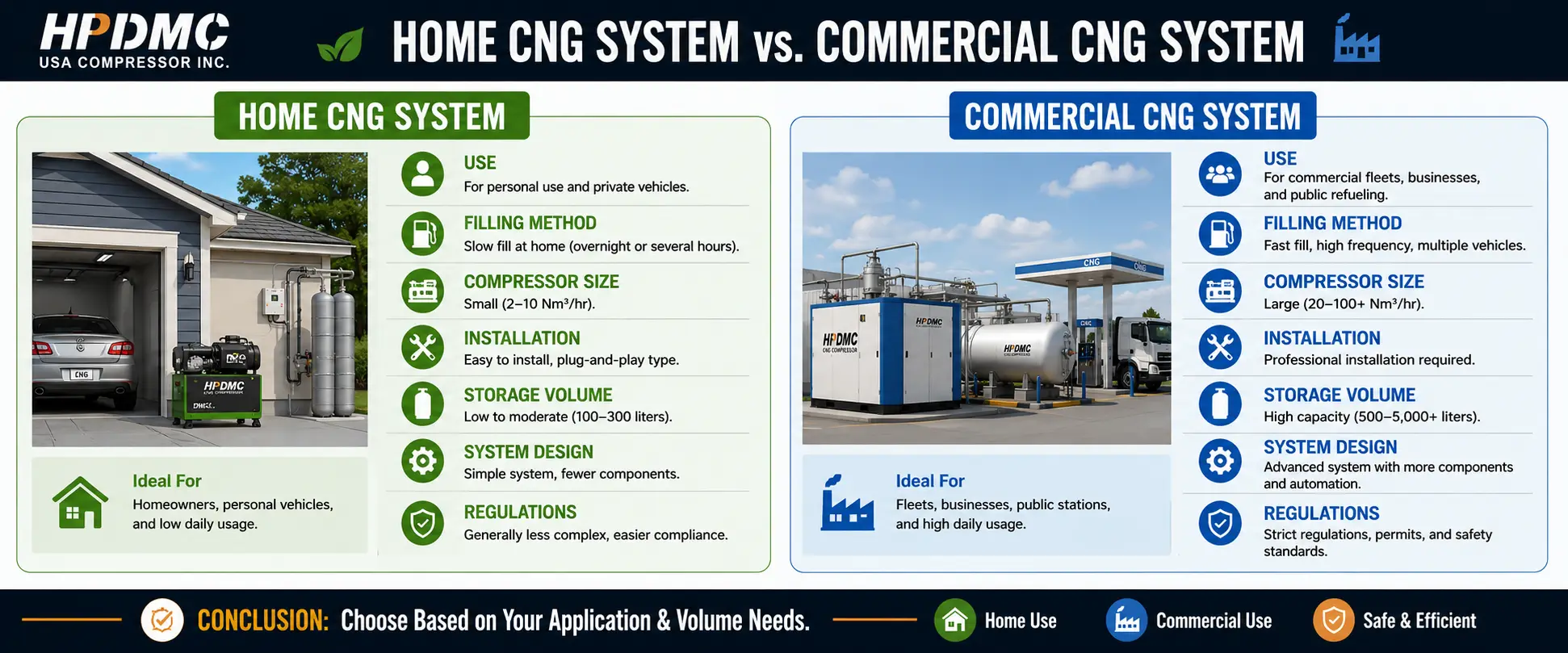 Infographic comparing home vs. commercial CNG systems, highlighting use cases, equipment, and regulations.