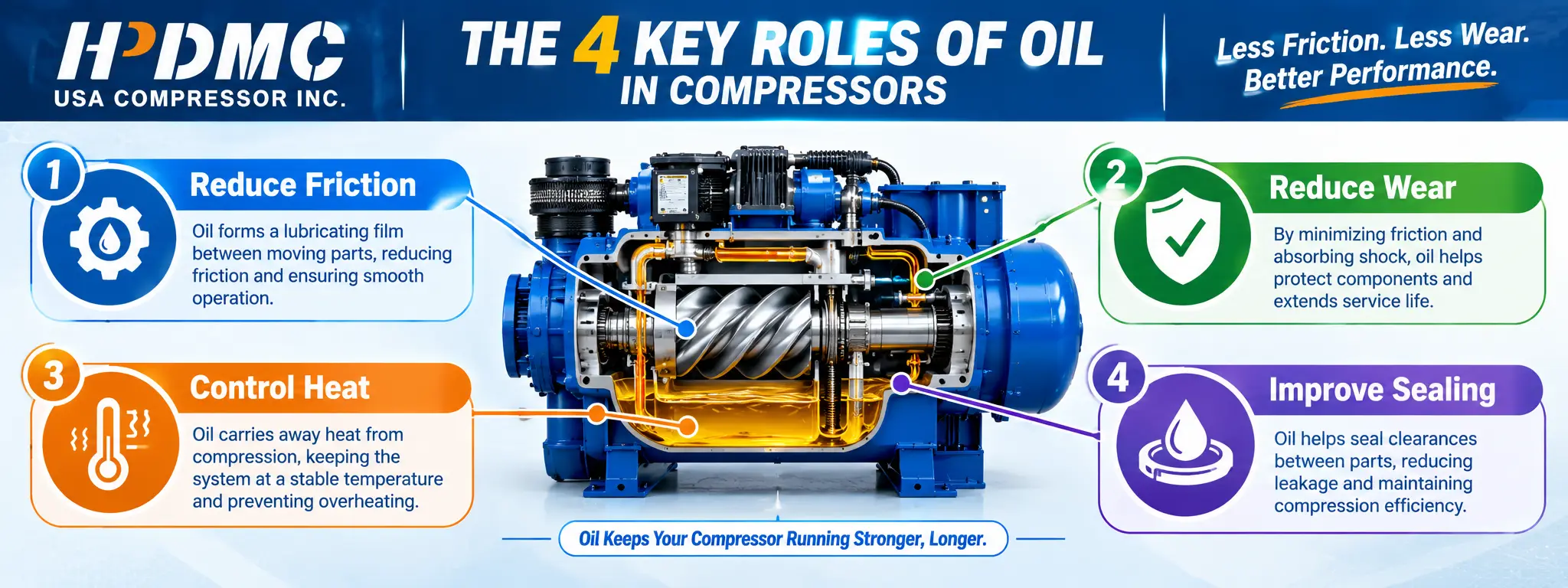 Infographic explaining four key roles of oil in compressors: reduce friction, reduce wear, control heat, improve sealing.