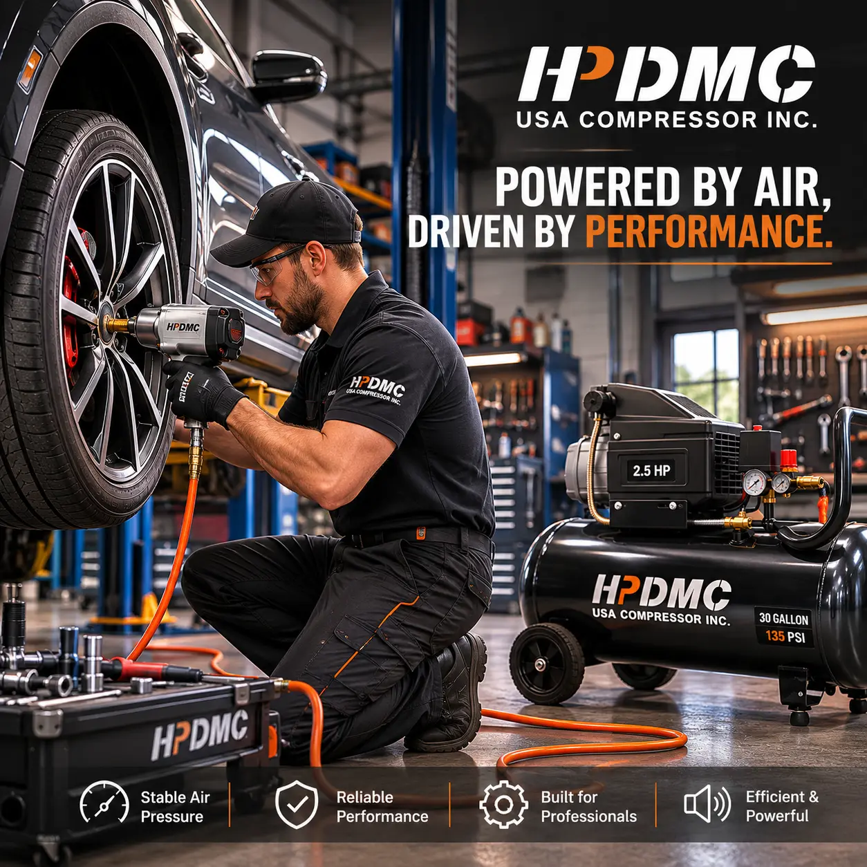 Mechanic using HPDMC air-powered impact wrench on car tire in workshop with branded compressor.