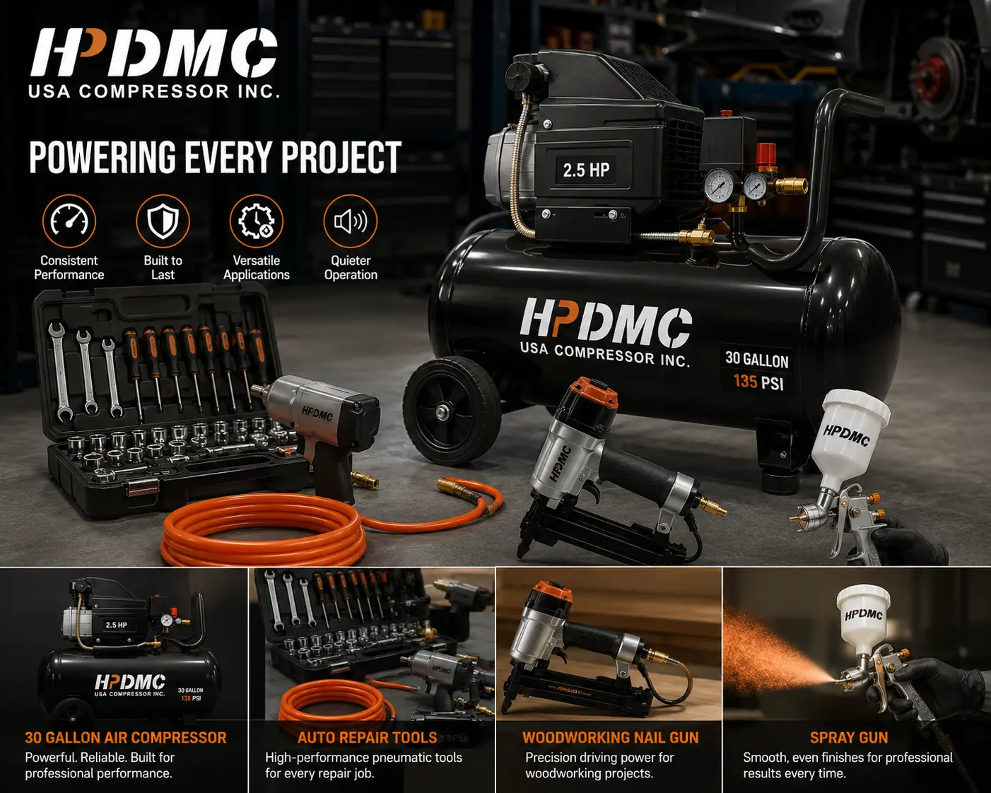 HPDMC 30-gallon air compressor with pneumatic tools in a workshop setting.